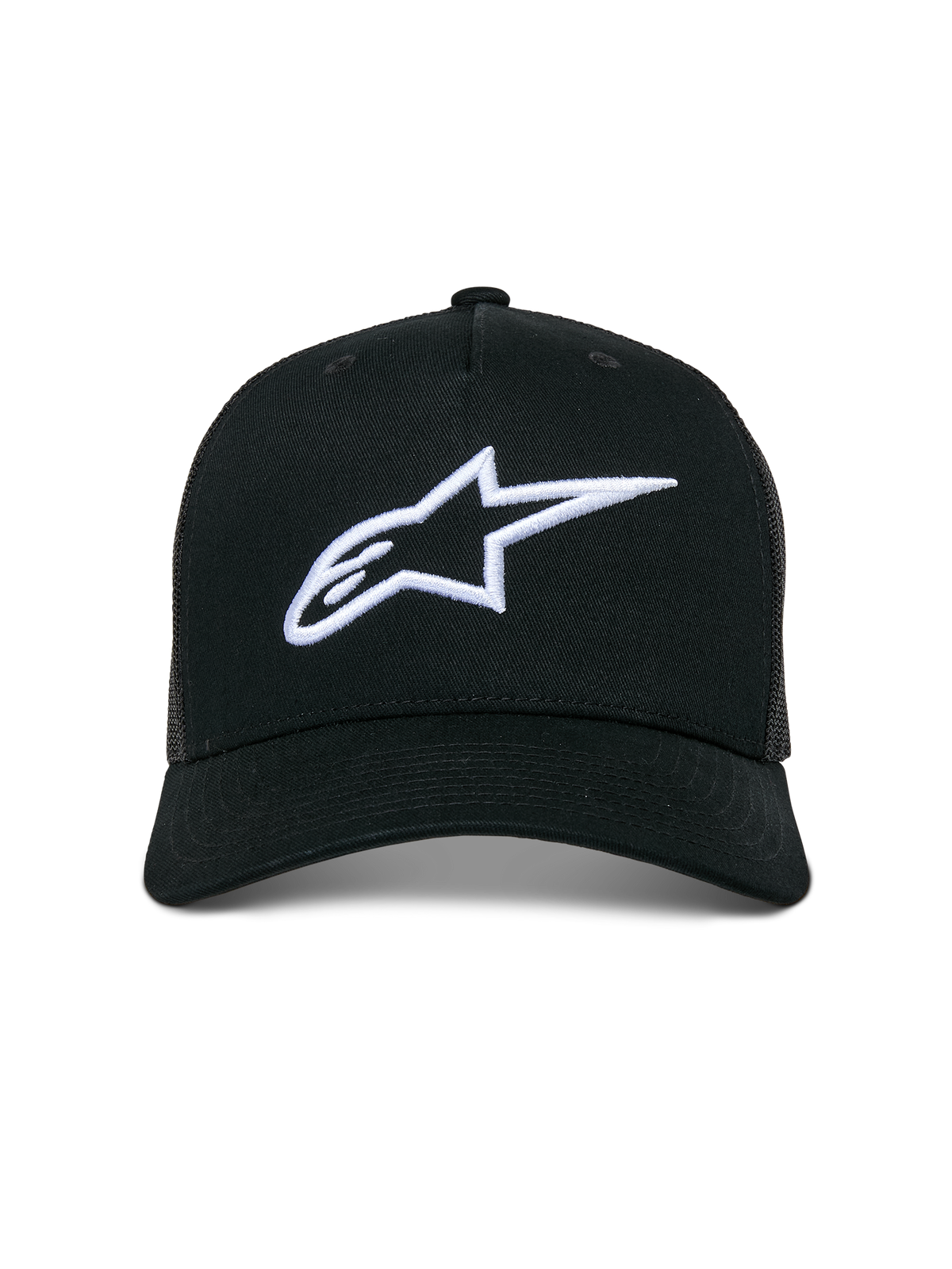 Alpinestars Ageless Trucker Hat, Casual Trucker Cap, Black with White 3D Embroidered Astars Logo, featuring a curved bill and mesh back panels, motorsport-inspired streetwear