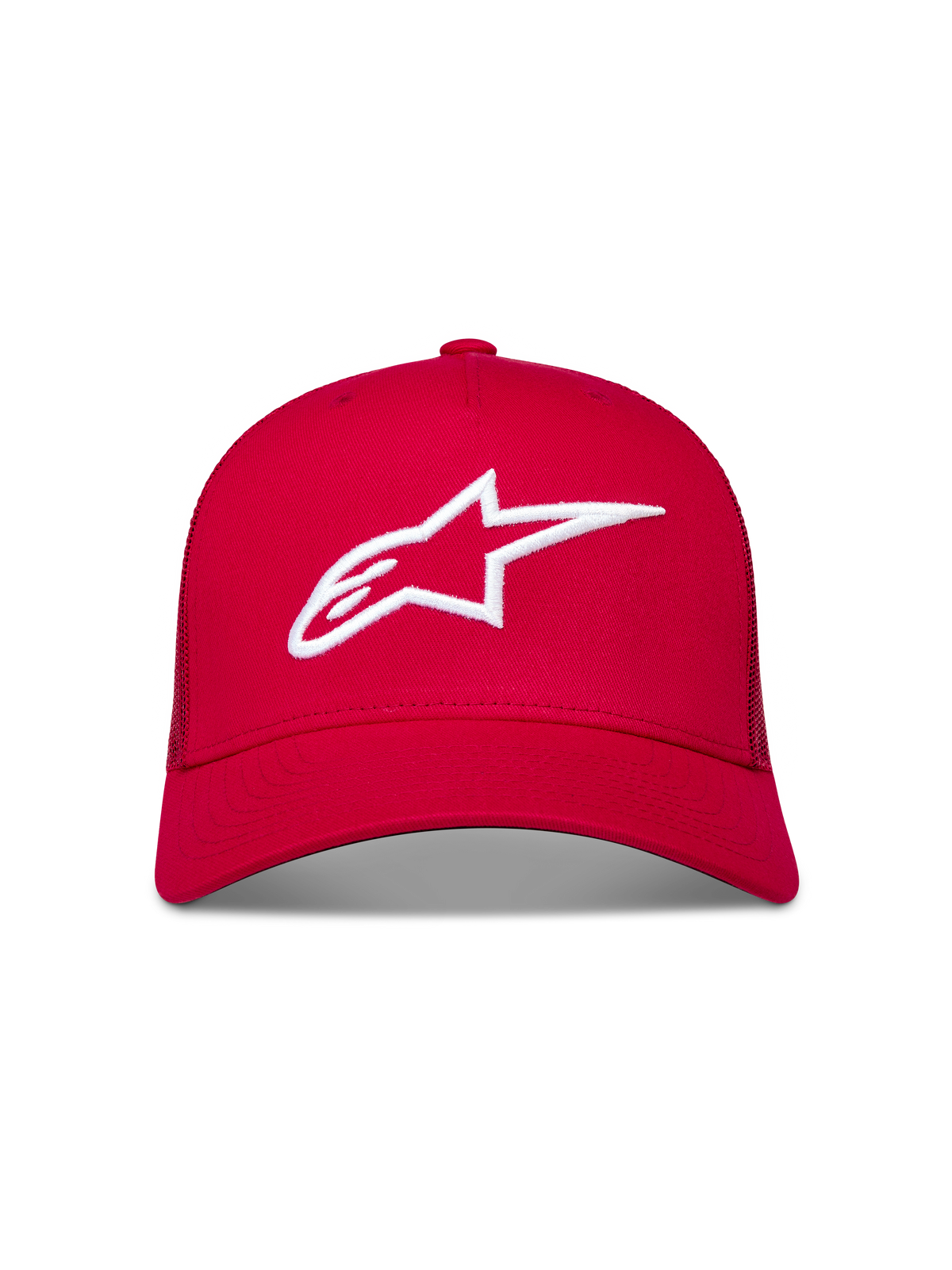 Alpinestars Ageless Snapback Kappe, rote Trucker-Kappe mit weißem, gesticktem 3D-Astars-Logo und gebogenem Schirm, Motorsport-Lifestyle-Design