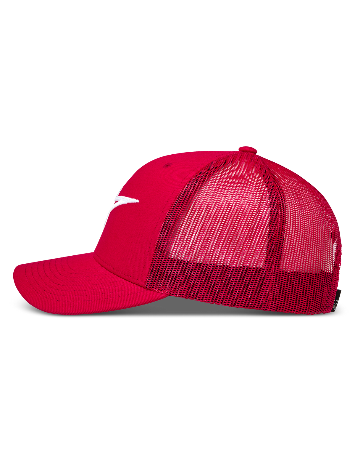 Alpinestars Ageless Snapback Kappe, roter Trucker-Stil mit atmungsaktivem Netzrücken, weißer Logostickerei und gebogenem Schirm.