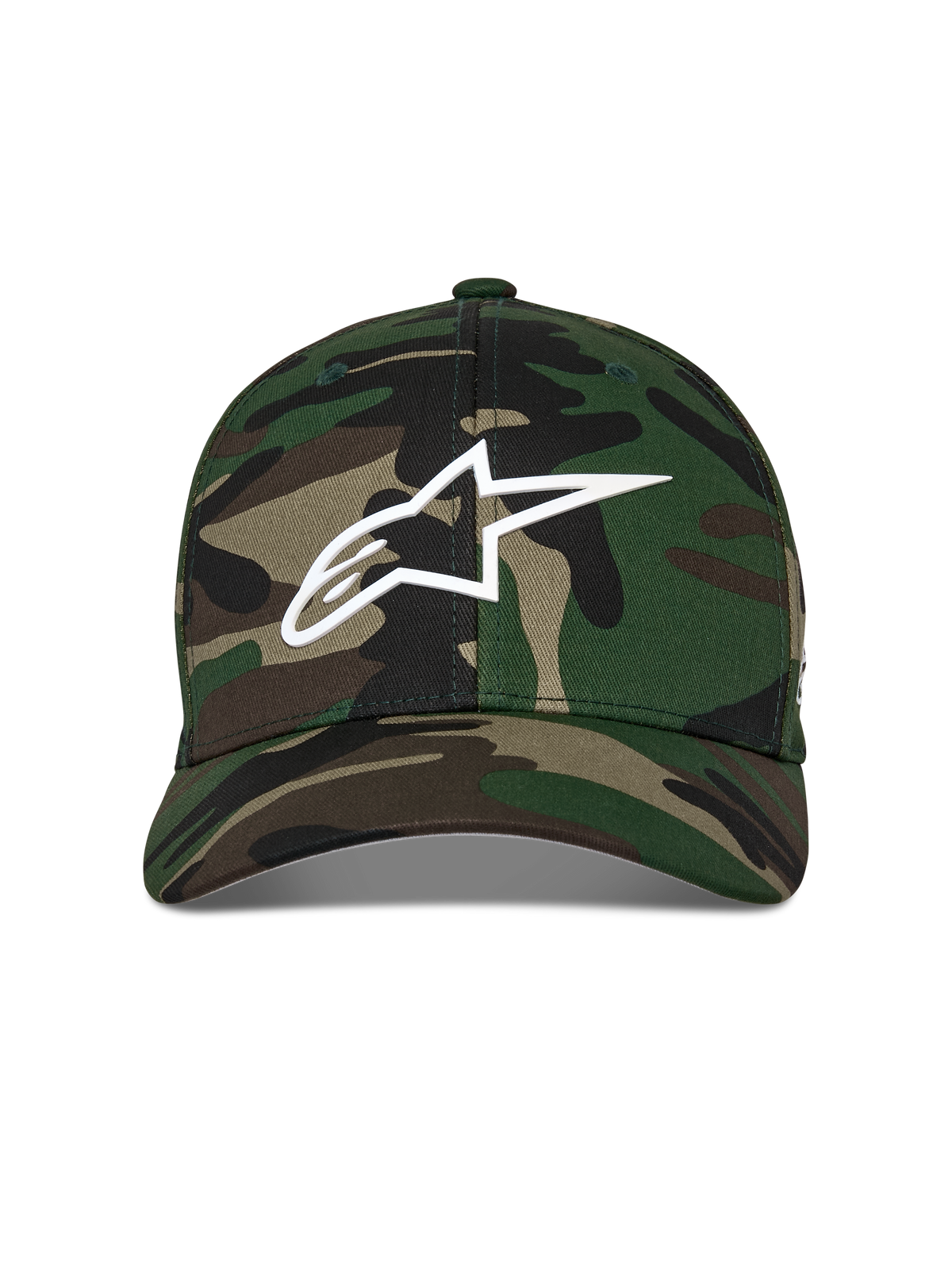 Alpinestars Ageless Multi Hat, Baseball Cap, Green Camo, featuring a white 3D printed Astars logo on the front, structured crown with a curved bill, casual motorsport-inspired headwear