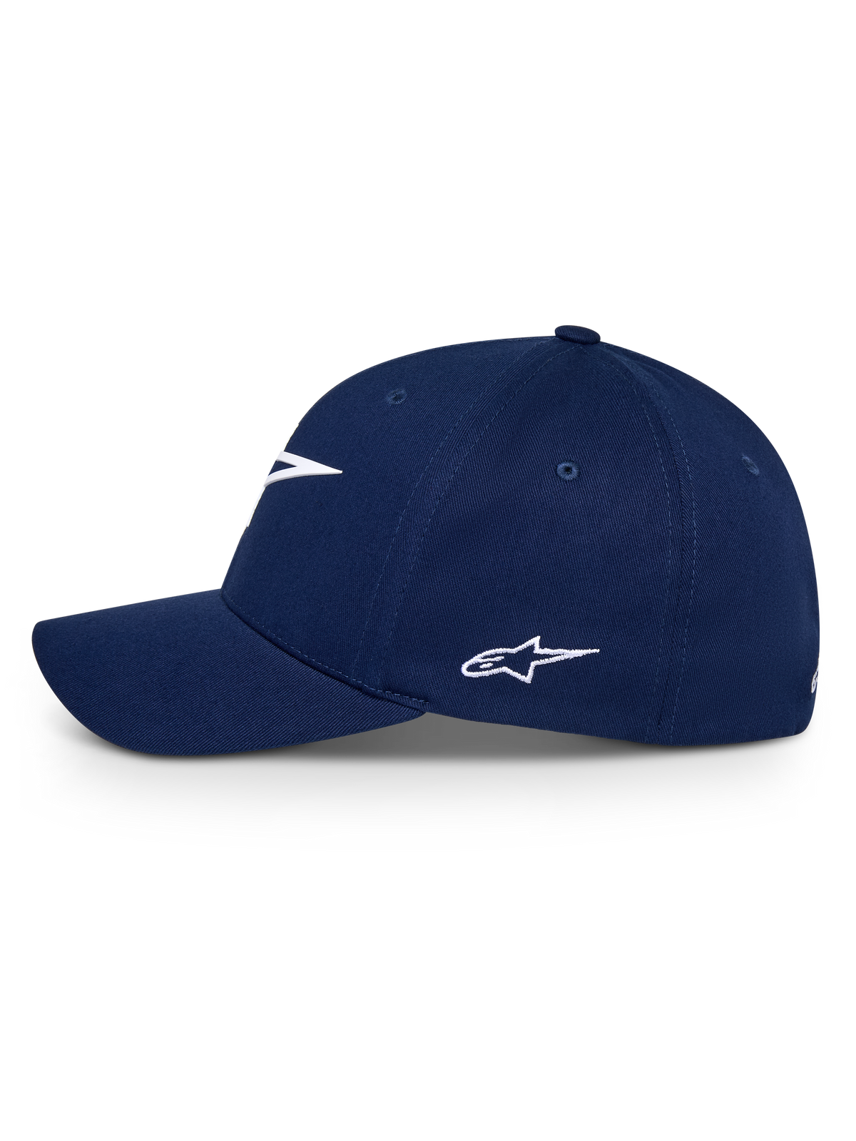 Alpinestars Ageless Multi Kappe, Navyblau, Seitenansicht einer Baseballkappe mit gebogenem Schirm und weiß besticktem Astars-Logo, lässige Sport-Kopfbedeckung
