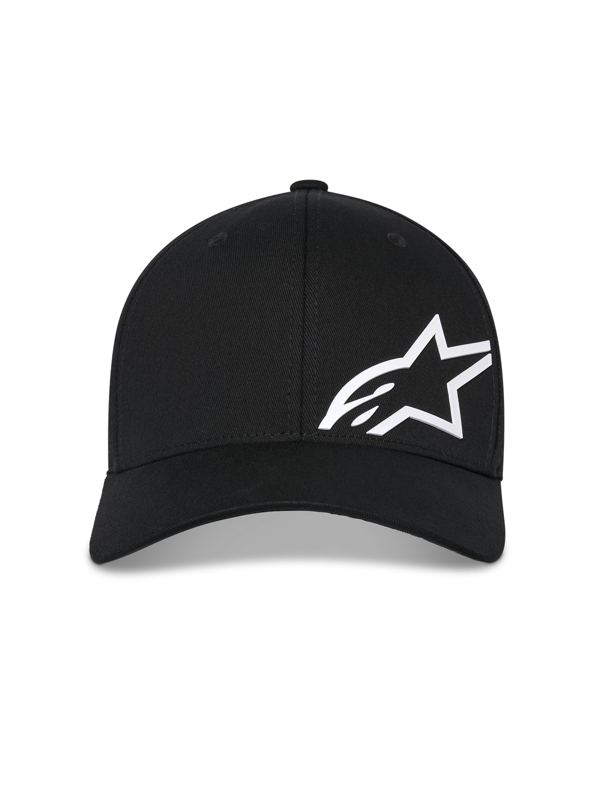 Alpinestars Corp Shift Multi Mütze, schwarze Baseball-Cap, weißes 3D-gedrucktes Astars-Logo auf der Vorderseite, gebogener Schirm, strukturierte Krone, lässige, vom Motorsport inspirierte Kopfbedeckung