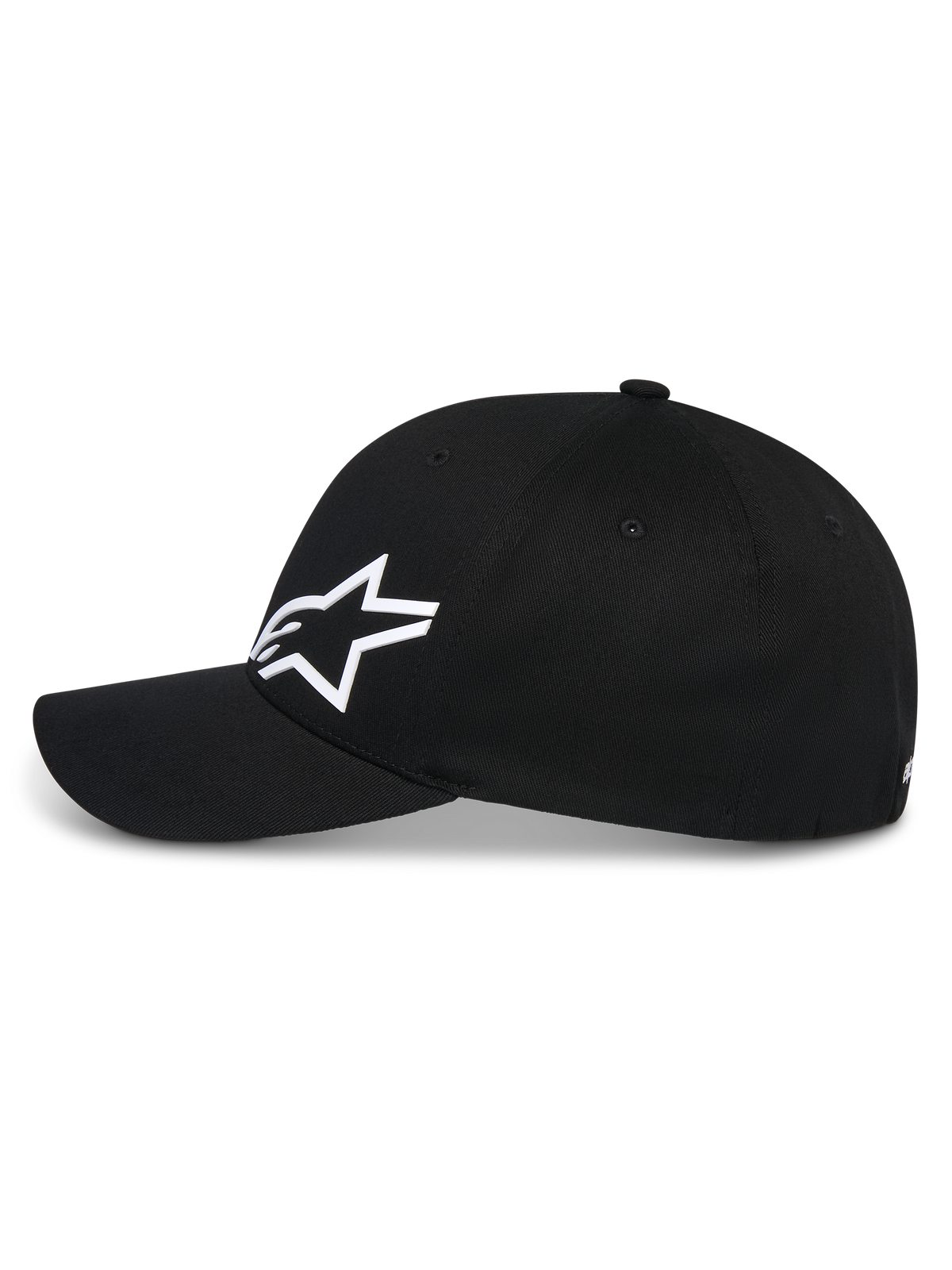 Alpinestars Corp Shift Multi Mütze, schwarze Baseball-Cap, Seitenansicht, weißes 3D-Astars-Logo auf der Vorderseite, gebogener Schirm, strukturierte Krone, lässige vom Motorsport inspirierte Streetwear