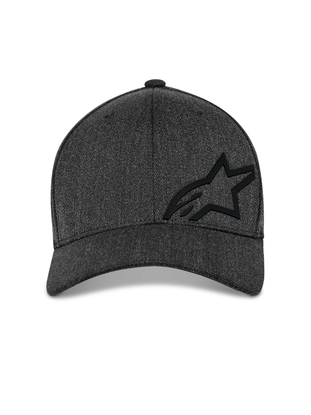 Alpinestars Corp Shift Multi Hat, Baseball Cap, Dark Grey Heather, front view featuring a structured crown with a black 3D Astars logo and curved bill, casual motorsport streetwear