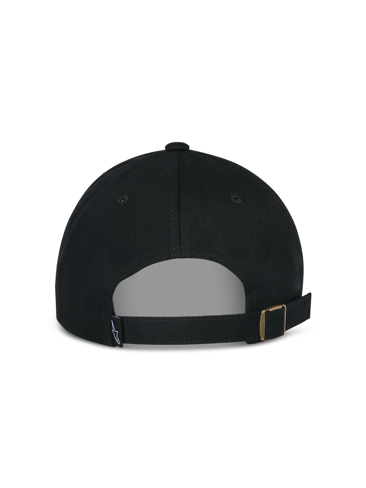 Alpinestars Deduce Strapback Hat, Black, Rear view featuring adjustable strap closure with metal buckle and small logo label, casual cotton twill cap