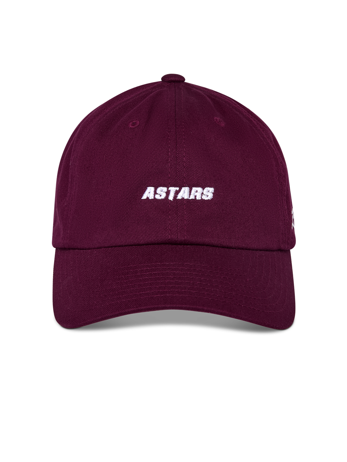 Alpinestars Deduce Strapback Mütze, Burgunderrot, weiße ASTARS-Stickerei auf der Vorderseite, gebogener Schirm mit unstrukturierter niedriger Krone, lässige Sportswear-Kopfbedeckung