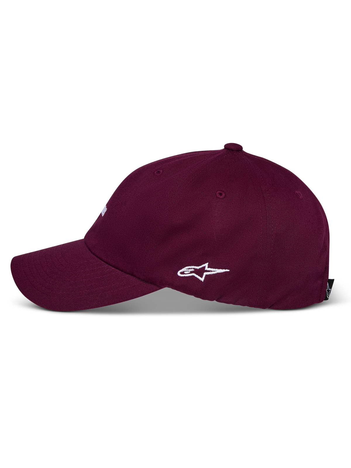 Alpinestars Deduce Strapback Mütze, Burgund, Seitenansicht mit weiß besticktem Astars-Logo, gebogener Schirm, unstrukturierte niedrige Krone, lässige Kopfbedeckung aus Baumwolltwill