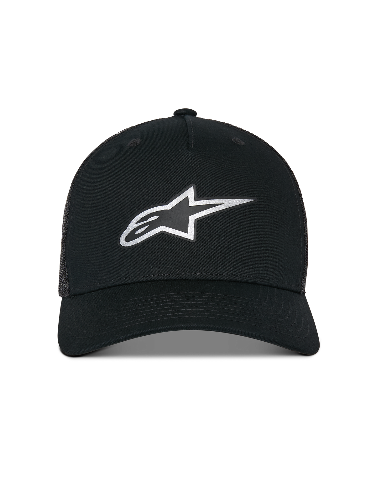 Alpinestars Reflect Ageless Trucker Mütze, Trucker-Cap, Schwarz, mit reflektierendem silbernem Astars-Logo auf der Vorderseite, strukturierte Krone mit gebogenem Schirm und atmungsaktiver Mesh-Rückseite, lässige Motorsport-inspirierte Kopfbedeckung