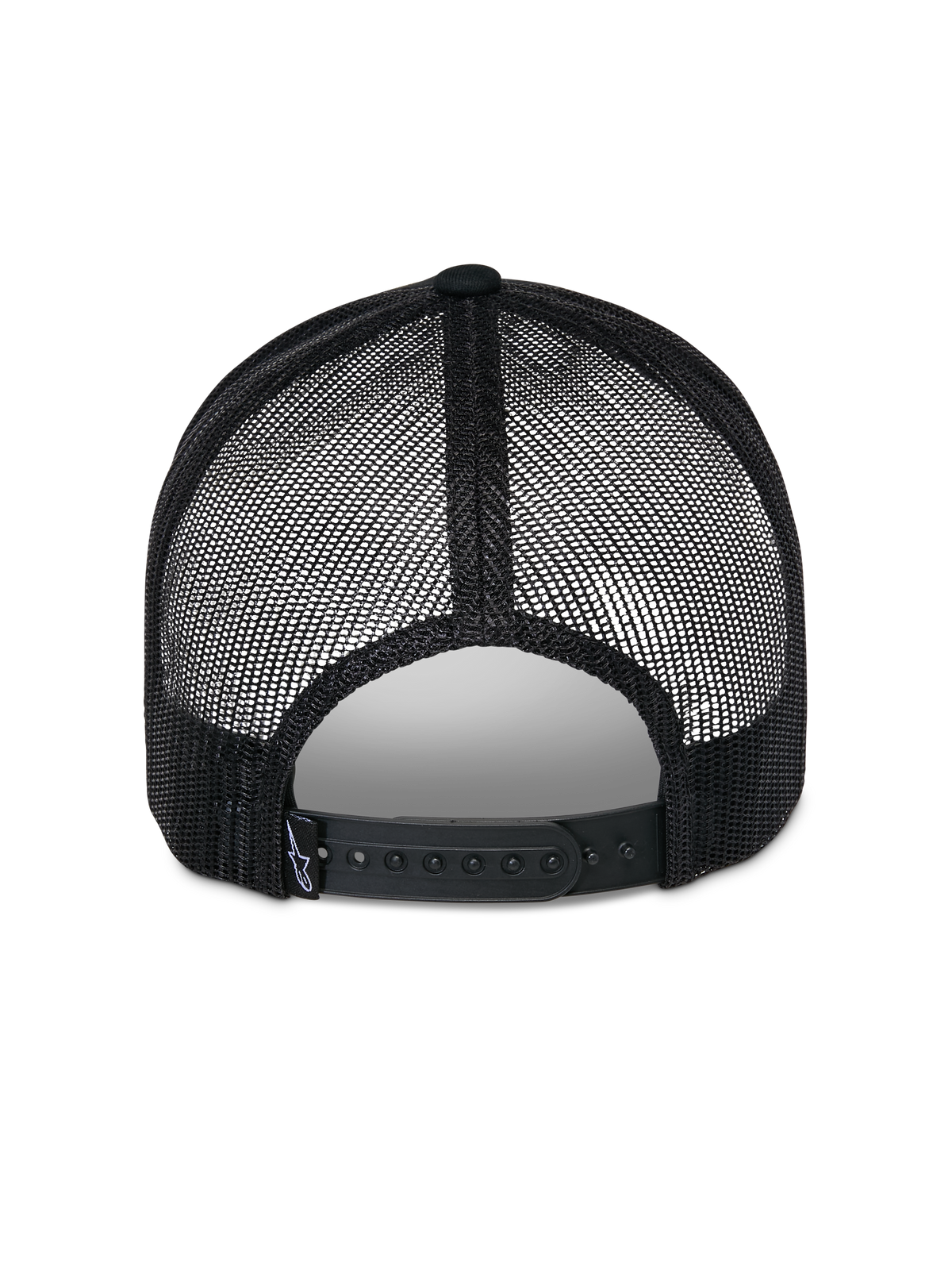 Alpinestars Reflect Ageless Trucker Hat, Schwarz, Rückansicht mit atmungsaktiven Poly-Mesh-Einsätzen und verstellbarem Snapback-Verschluss, kleines gewebtes Marken-Label, lässige vom Motorsport inspirierte Kopfbedeckung.