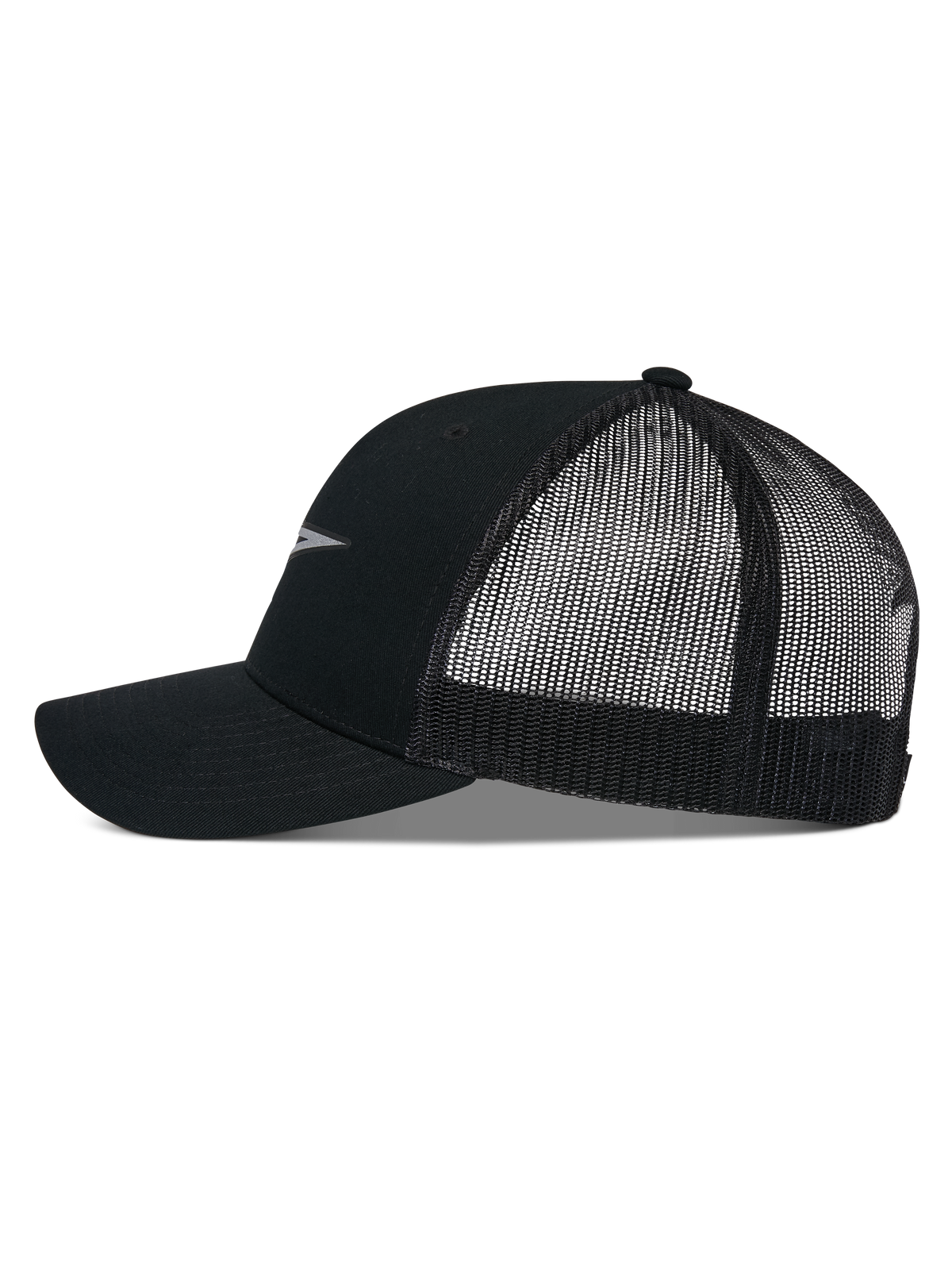 Alpinestars Reflect Ageless Trucker Mütze, Seitenprofil, Schwarz, gebogener Schirm mit strukturierter Krone, atmungsaktive Mesh-Einsätze auf der Rückseite, reflektierendes Logo-Detail, lässige Motorsport-Kopfbedeckung