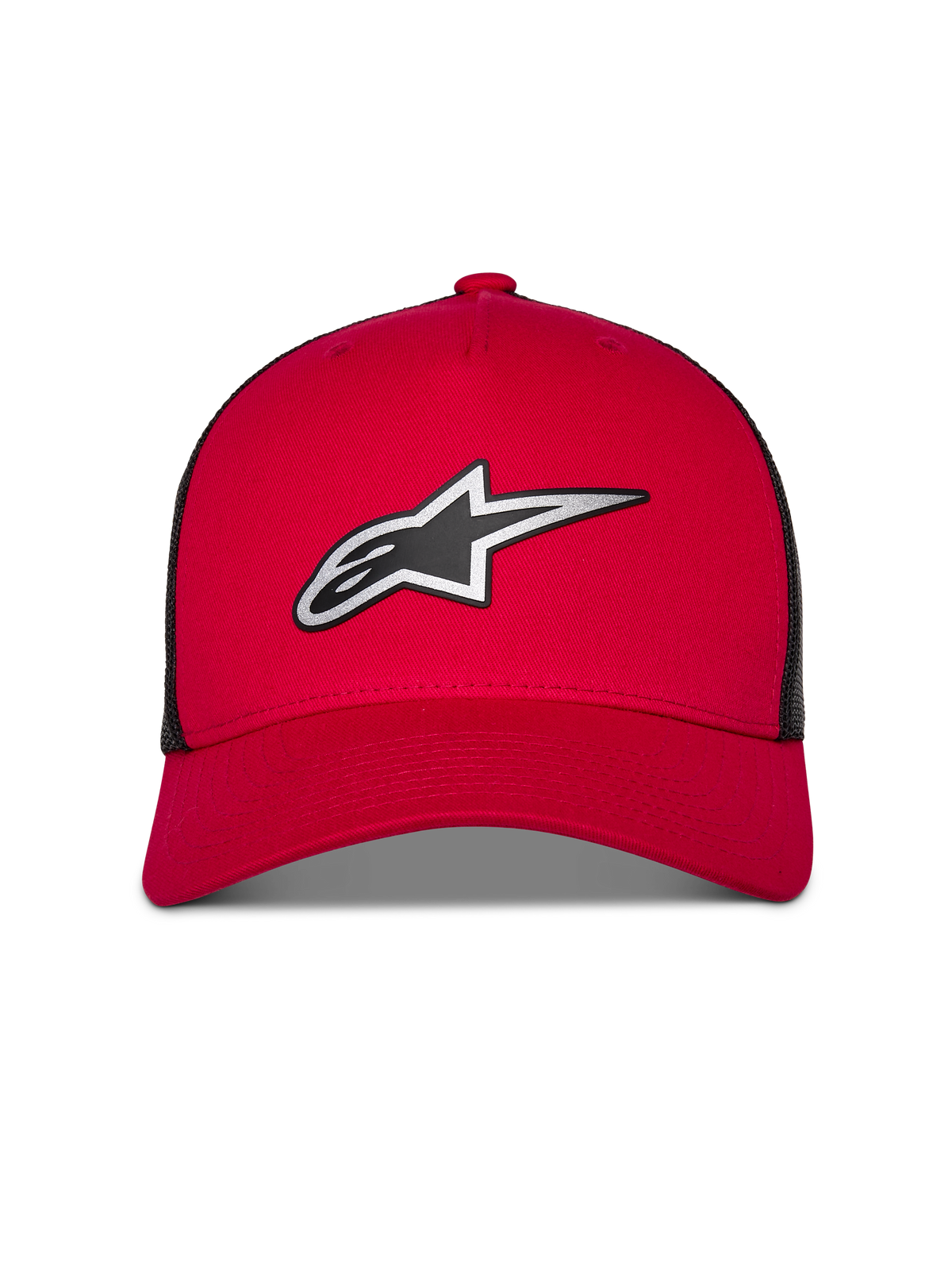 Alpinestars Reflect Ageless Trucker Hat, Red and Black, featuring a large reflective silver and black Astars logo, curved bill with structured crown and black mesh back panels, casual motorsport lifestyle headwear