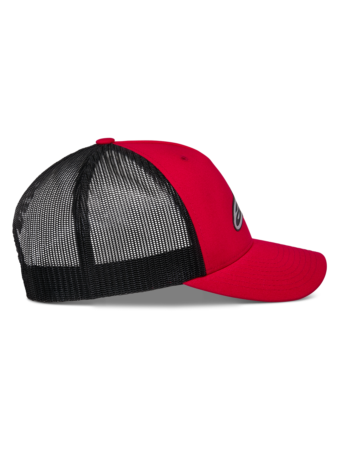 Alpinestars Reflect Ageless Trucker Hat, Red and Black, side profile view, red twill front and curved bill, black poly mesh back, structured crown, casual motorsport-inspired headwear