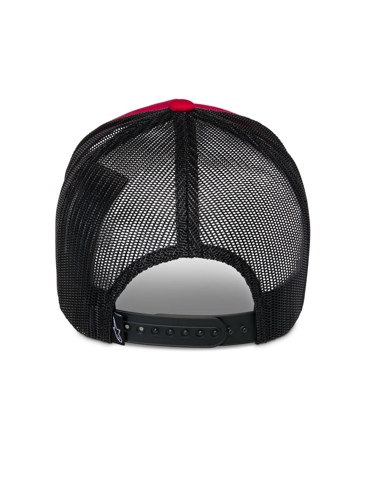 Alpinestars Reflect Ageless Trucker Hat, Back View, Red and Black, featuring black poly mesh panels and adjustable snap-back closure, casual motorsport-inspired headwear