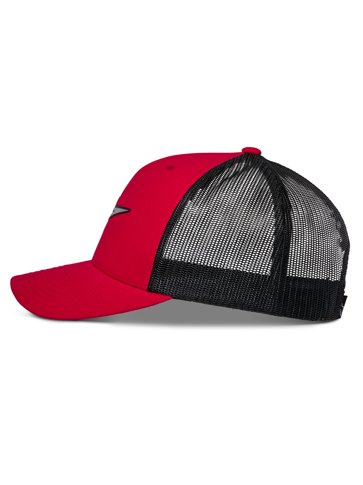 Alpinestars Reflect Ageless Trucker Hat, Red and Black, side profile showing curved bill, structured red crown, and black mesh back, casual motorsport-inspired headwear