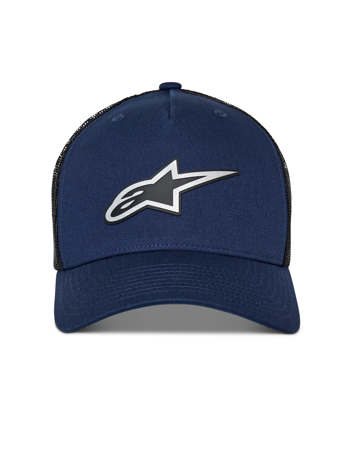 Alpinestars Reflect Ageless Trucker Hat, Marineblau und schwarzes Mesh, reflektierendes HD-Astars-Logo vorne, gebogener Schirm, strukturierte Krone, lässige Motorsport-Kopfbedeckung