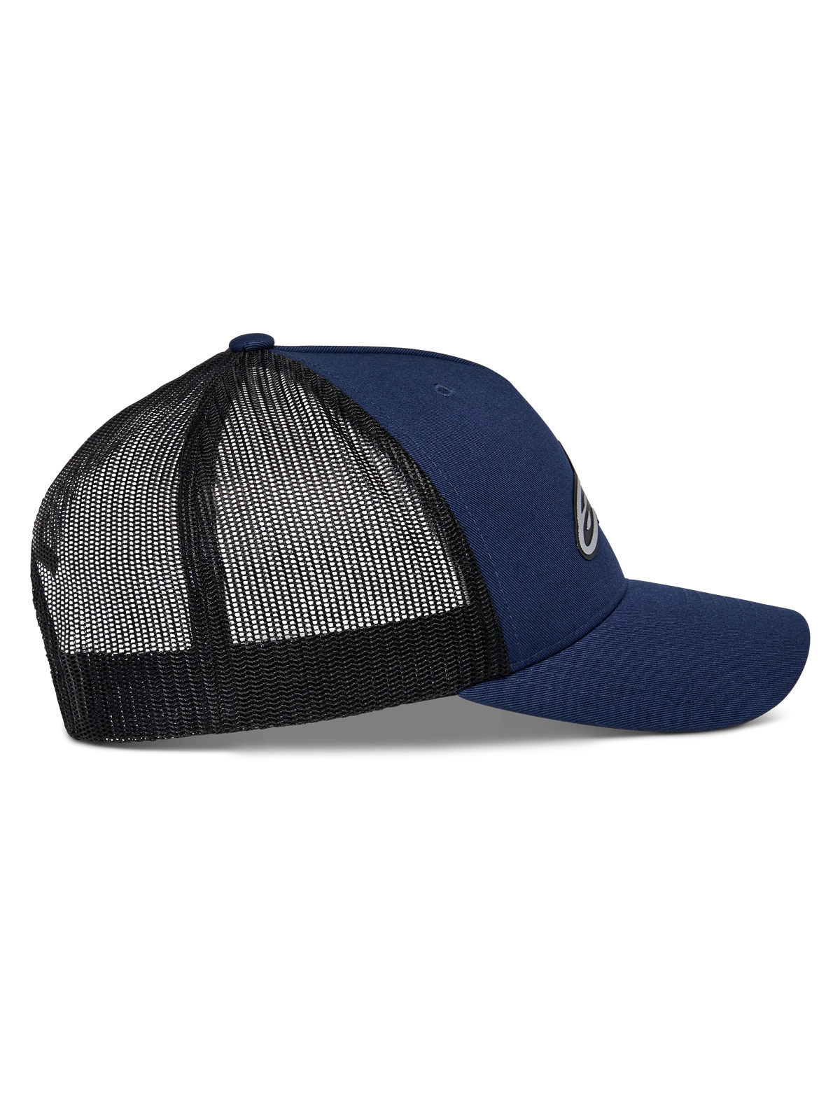 Alpinestars Reflect Ageless Trucker-Mütze, Navy und Schwarz, Seitenansicht mit gebogenem Schirm und atmungsaktiver schwarzer Mesh-Rückseite, strukturierte Krone, lässige Motorsport-Kopfbedeckung