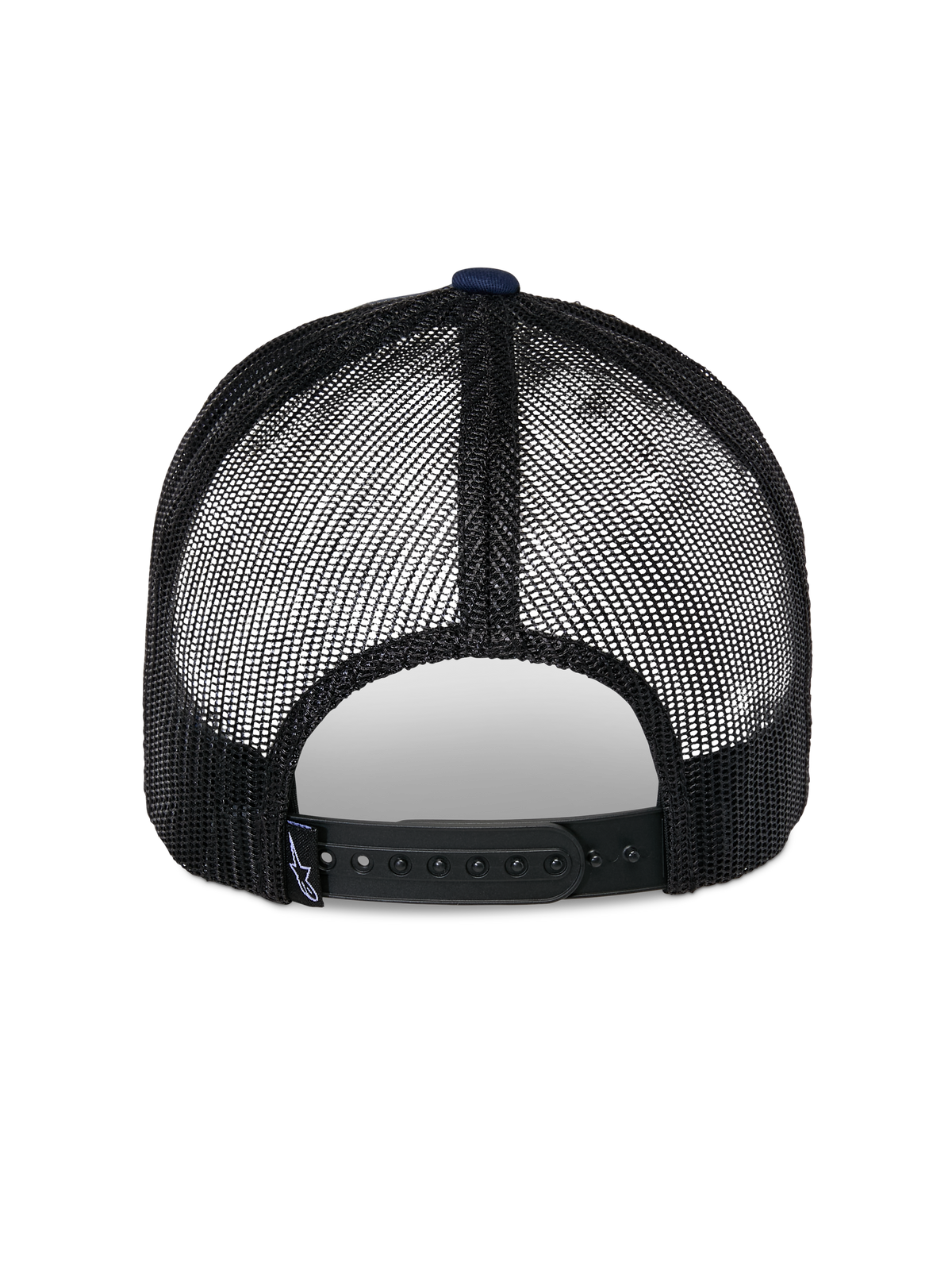 Alpinestars Reflect Ageless Trucker-Mütze, Rückansicht, Navy und Schwarz, atmungsaktive schwarze Mesh-Einsätze, verstellbarer Snapback-Verschluss, lässige Motorsport-Kopfbedeckung
