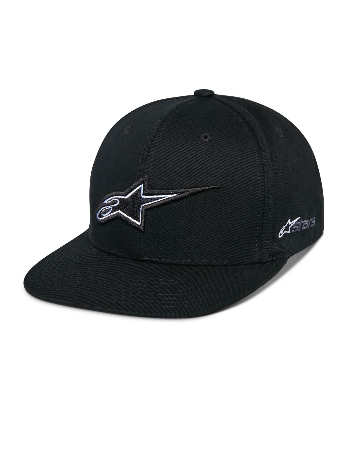 Alpinestars Thickness Snapback Hat, Black Baseball Cap with Flat Brim, White and Gray 3D Embroidered Star Logo, Side Astars Logo, Structured Design with Ventilation Holes, Casual Motorsport Headwear
