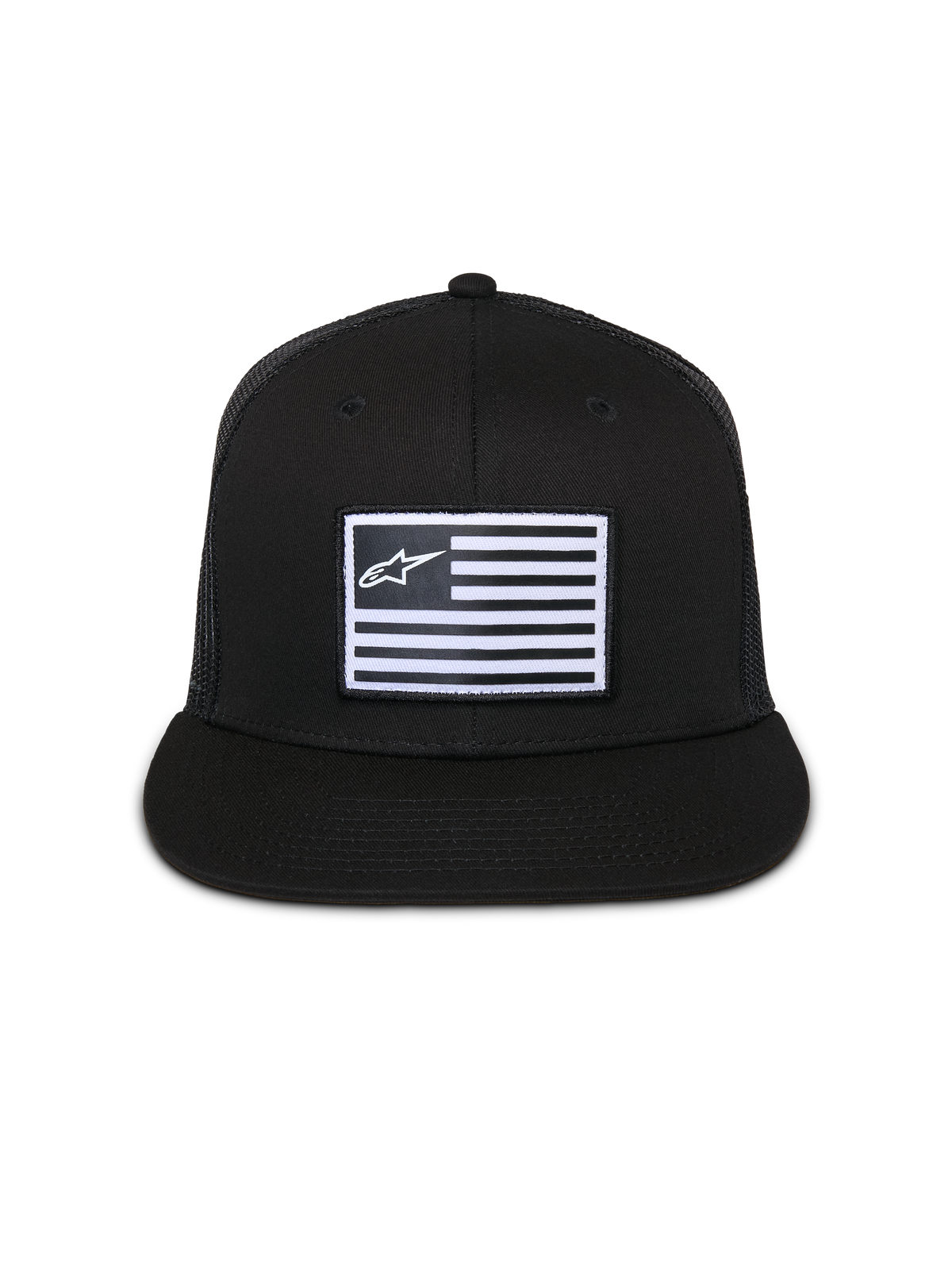 Alpinestars Flag Flat Trucker Hat, Black, flat-brim cap with structured crown, central rectangular patch with white flag and Alpinestars logo, mesh back, casual motorsport-inspired streetwear