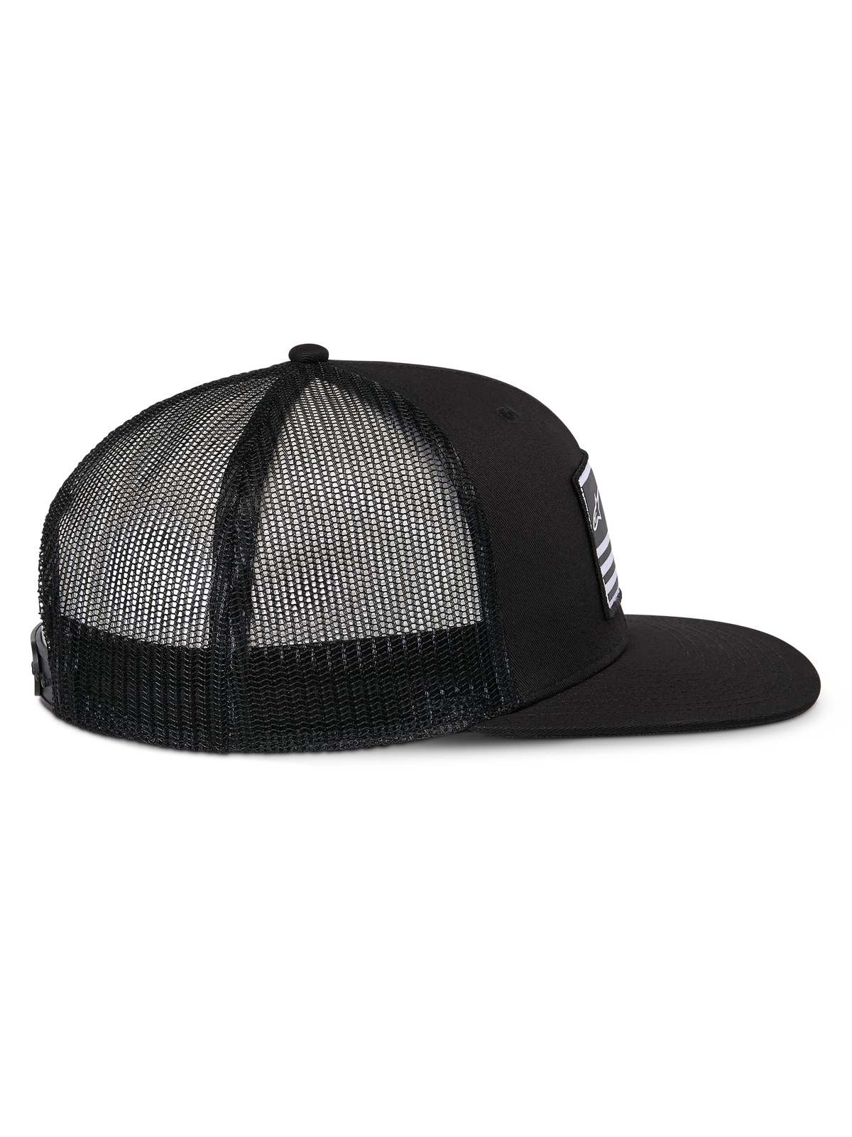 Alpinestars Flag Flat Trucker Hat, Black, side view featuring a flat bill, structured crown, and black polyester mesh back, casual motorsport-inspired headwear