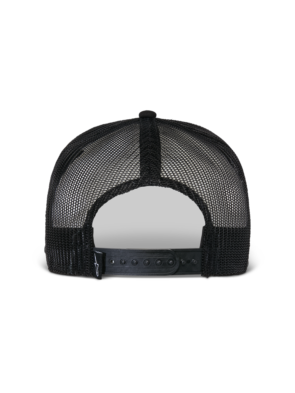 Alpinestars Flag Flat Trucker Hat, Black, back view showing breathable poly mesh construction, adjustable snapback closure, and small woven logo detail, casual motorsport headwear