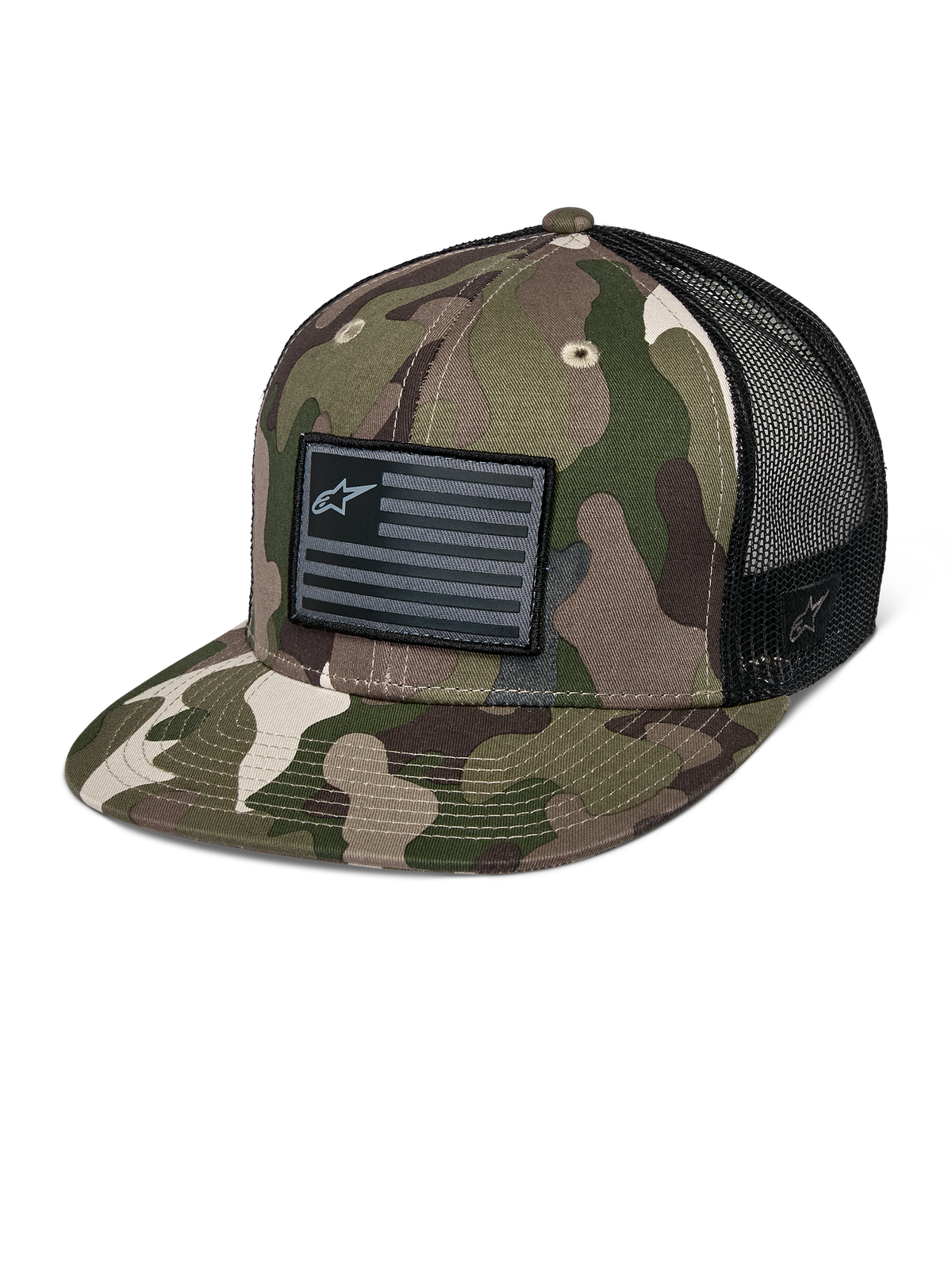 Alpinestars Flag Flat Trucker-Kappe, grünes Camouflage und Schwarz, Trucker-Cap mit flachem Schirm und atmungsaktiver Mesh-Rückseite, strukturierte Krone mit schwarzem Logo-Patch im Flaggen-Stil, lässige Motorsport-Kopfbedeckung.