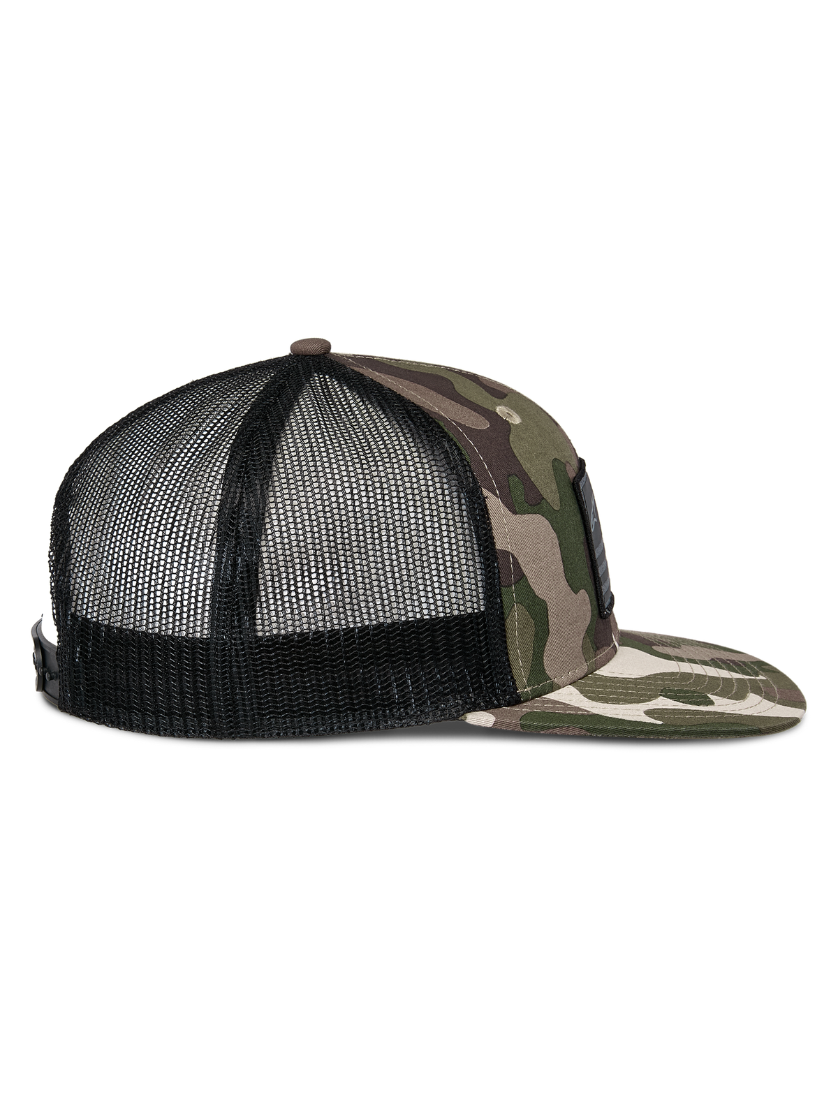 Alpinestars Flag Flat Trucker-Mütze, Grünes Camouflage und Schwarz, Seitenprofil mit flachem Camouflage-Schirm, strukturierter Front und atmungsaktiver schwarzer Mesh-Rückseite, Snapback-Verschluss, lässige Motorsport-Kopfbedeckung
