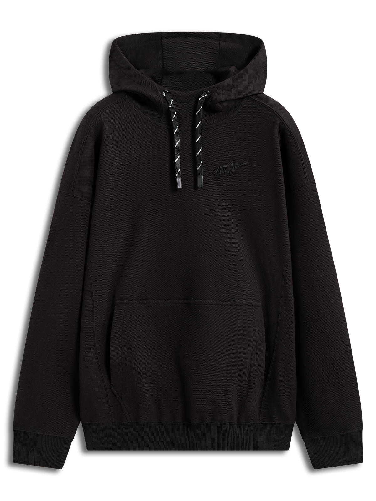 Alpinestars Camino Textured Oversized Hoodie, schwarzer Kapuzenpullover aus strukturiertem Twill-Fleece mit 3D-Logo, Kängurutasche und hohen Kragen, Motorsport-Lifestyle-Sportswear
