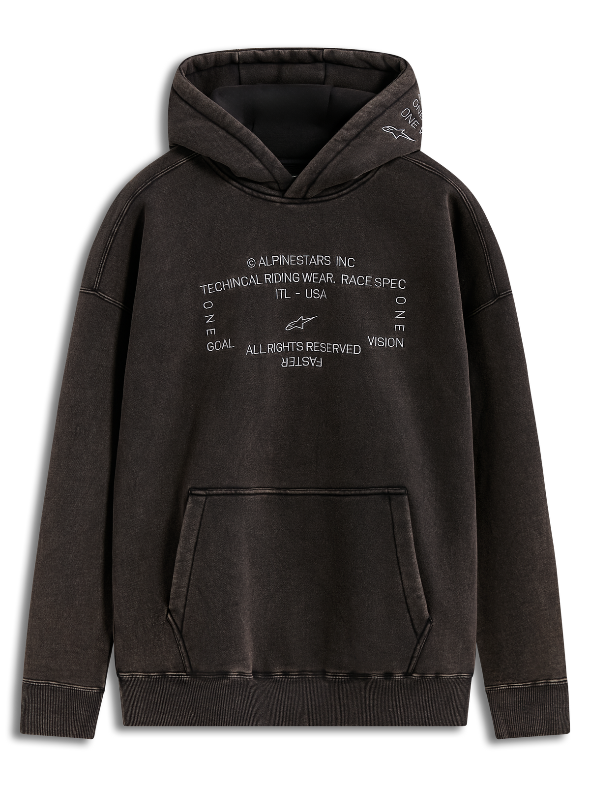Alpinestars Infinite Washed Oversized Hoodie, Kapuzenpullover in Schwarz, Snow-Wash-Fleece mit gestickten Logos und Kängurutasche, lässige Motorsport-Streetwear