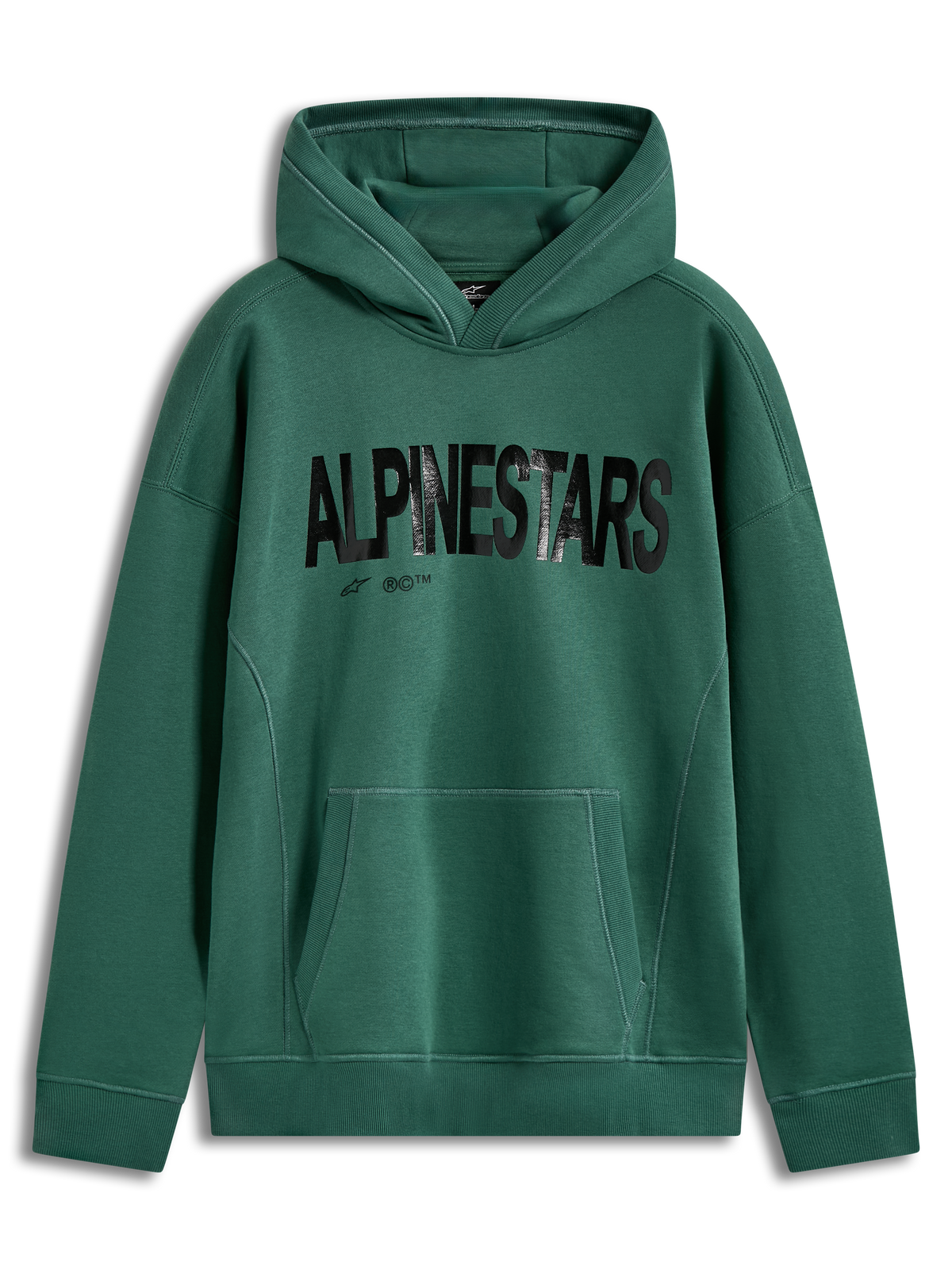 Alpinestars Shaw Oversized Hoodie in Grün, mit schwarzem strukturiertem Wortlogo, Kängurutasche und weichem Fleece-Material.