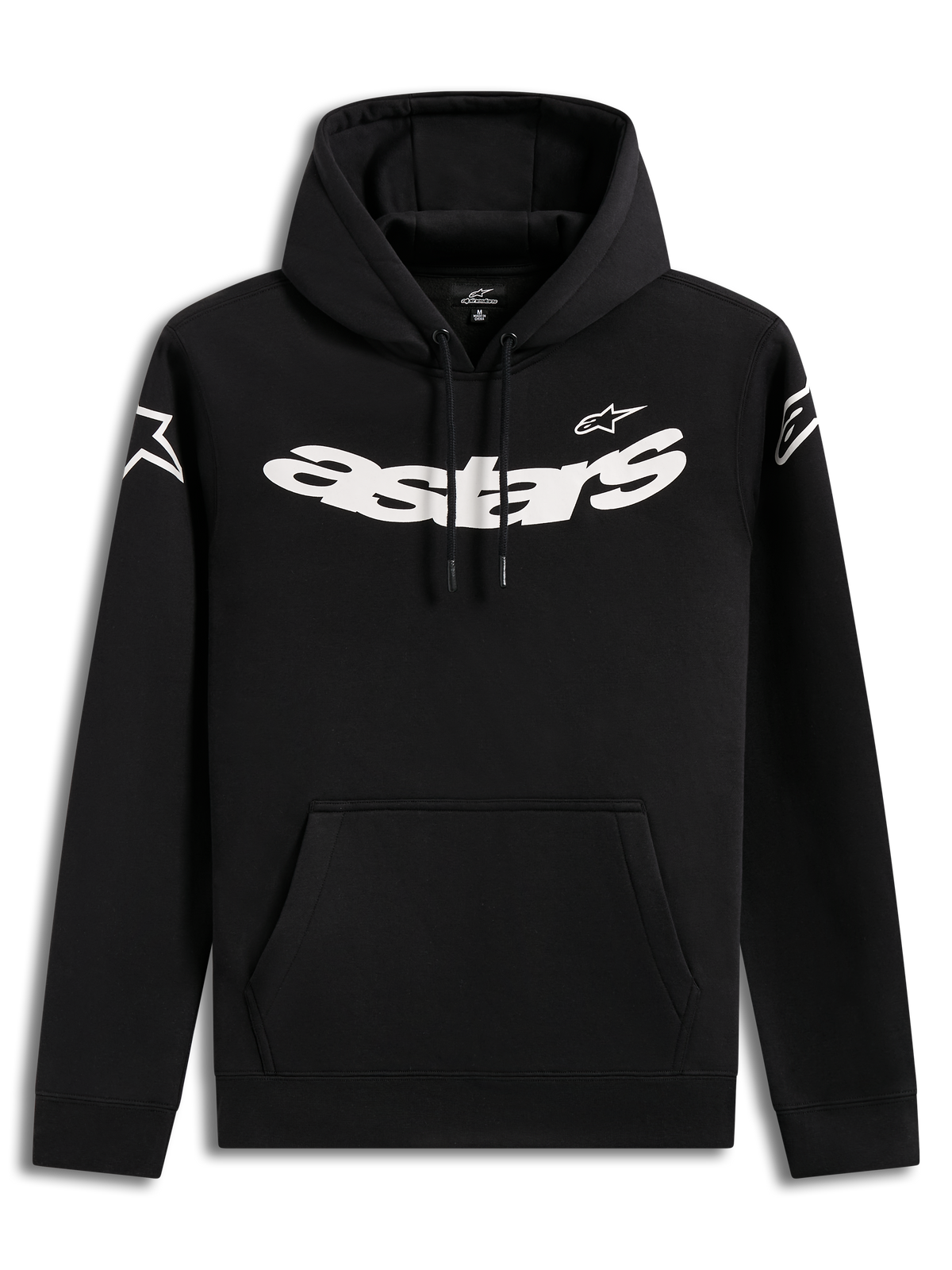 Alpinestars Velocifier Hoodie, schwarzer Lifestyle-Kapuzenpullover mit auffälliger weißer astars-Grafik auf der Brust, Kängurutasche und Ärmellogos, lässige Motorsport-Streetwear