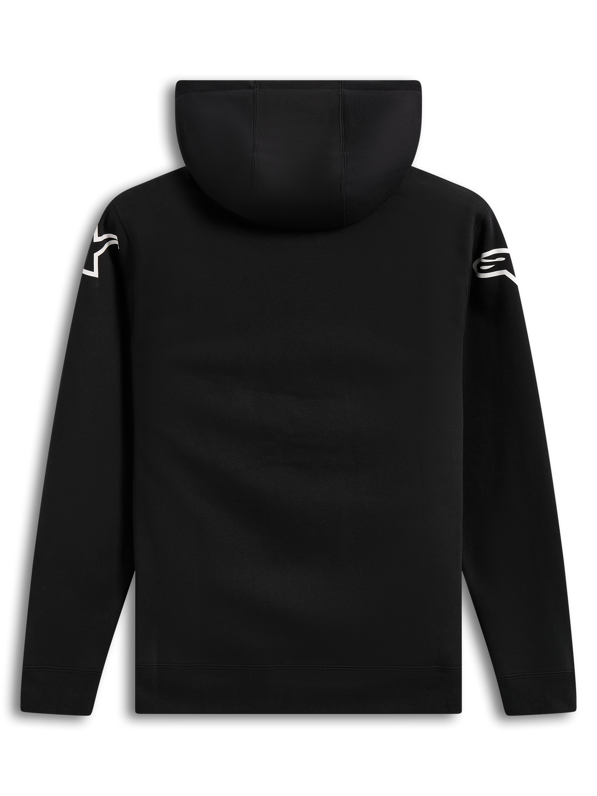 Alpinestars Velocifier Hoodie, schwarze Kapuzenjacke aus Baumwollmischung, Rückansicht mit weißen Astars-Logos an den Schultern, lässige Lifestyle-Motorsportbekleidung