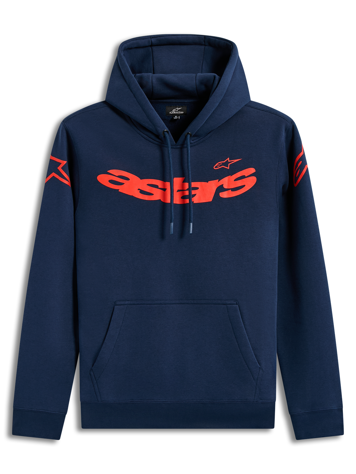 Alpinestars Velocifier Hoodie, dunkelblauer Sportswear-Kapuzenpullover aus Fleece mit rotem Astars-Schriftzug und Schulter-Logos.