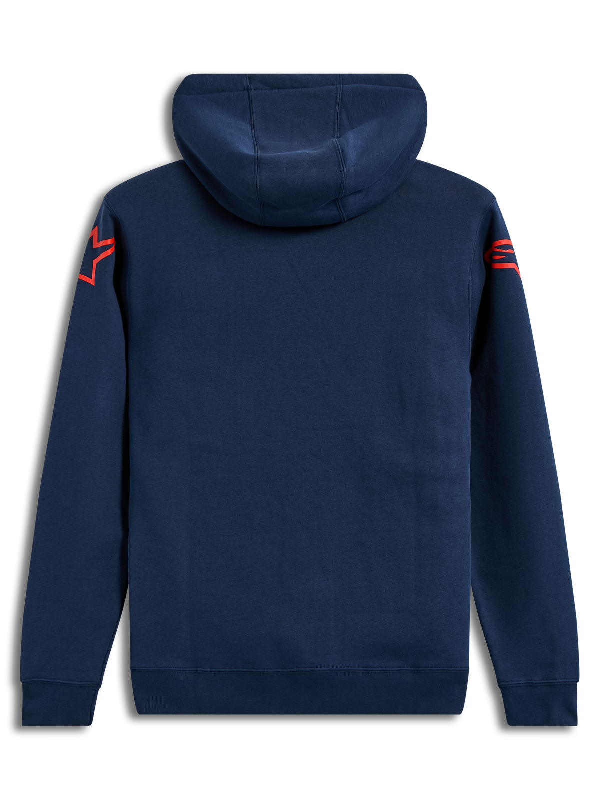 Alpinestars Velocifier Hoodie, dunkelblauer Kapuzenpullover aus Fleece mit roten Astars-Logos an den Schultern, Rückansicht.