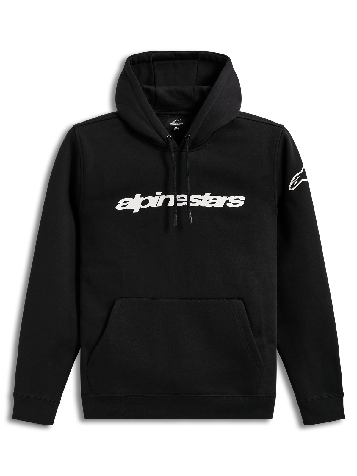 Alpinestars Race Wordmark Hoodie, Kapuzenpullover aus Fleece in Schwarz und Weiß, mit linearem Brust-Logo und Ärmel-Branding.