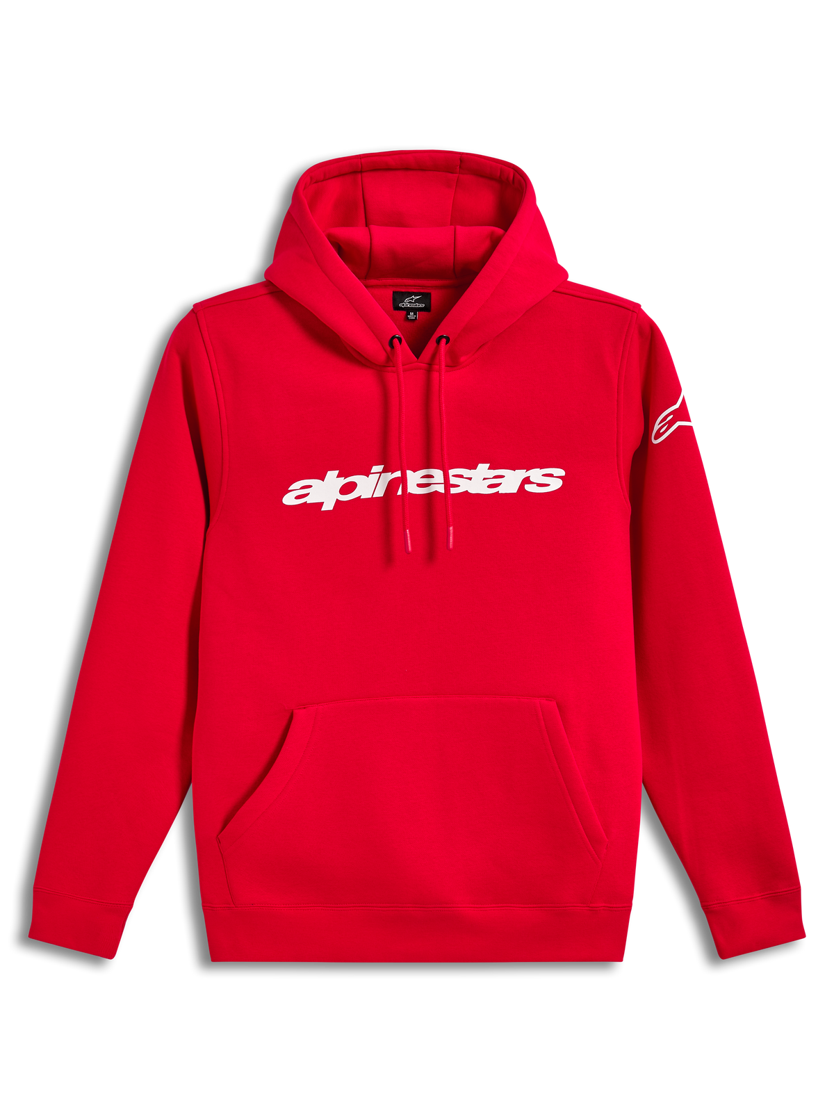 Alpinestars Race Wordmark Hoodie, roter Fleece-Kapuzenpullover mit weißem linearem Logo auf der Brust, Kapuze mit Kordelzug und Kängurutasche, Motorsport-Streetwear in Rot und Weiß.