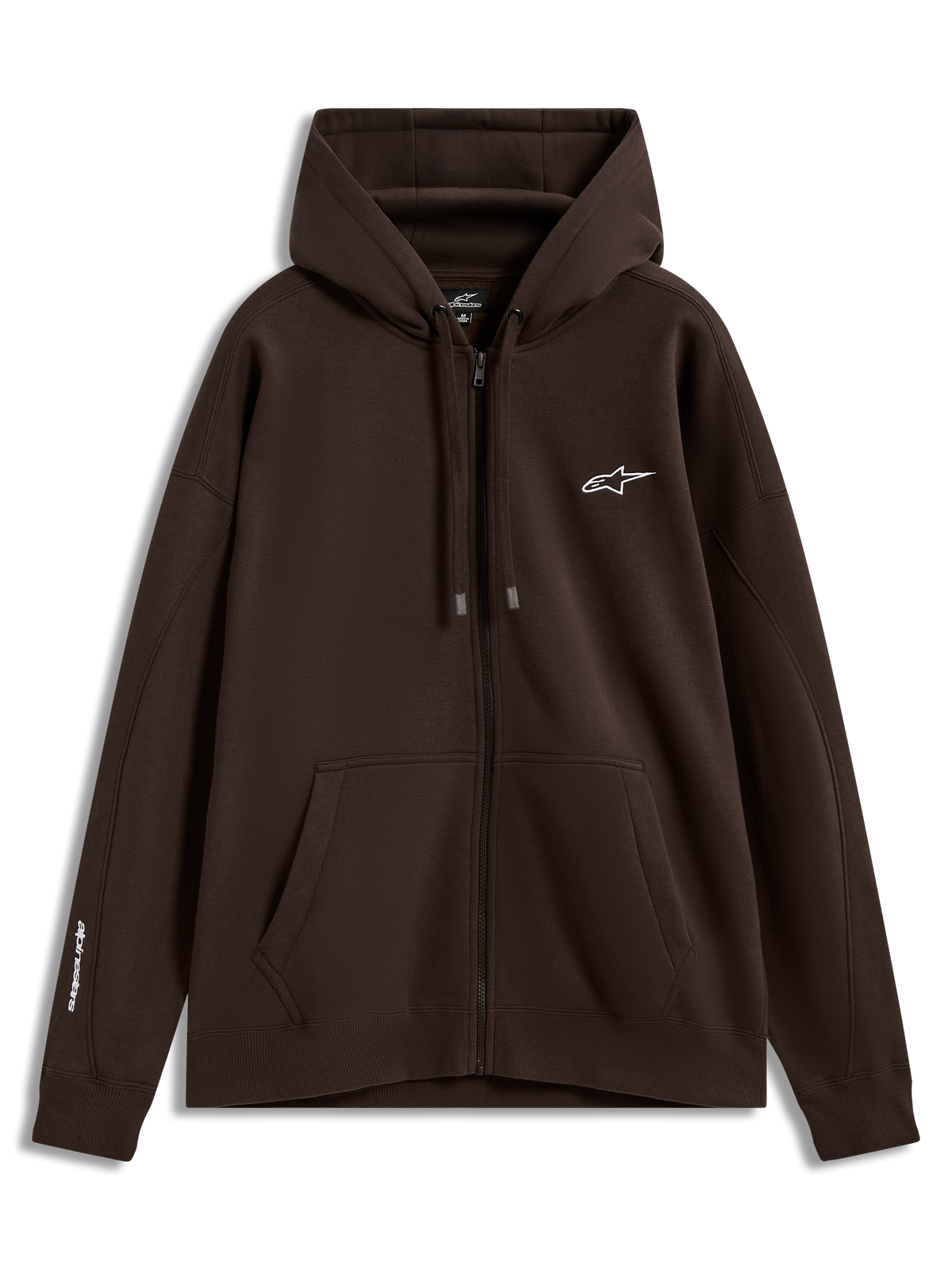 Alpinestars Entity Oversized Hoodie, braune Sportswear-Fleecejacke mit Reißverschluss, weißen Logos und Kängurutasche.