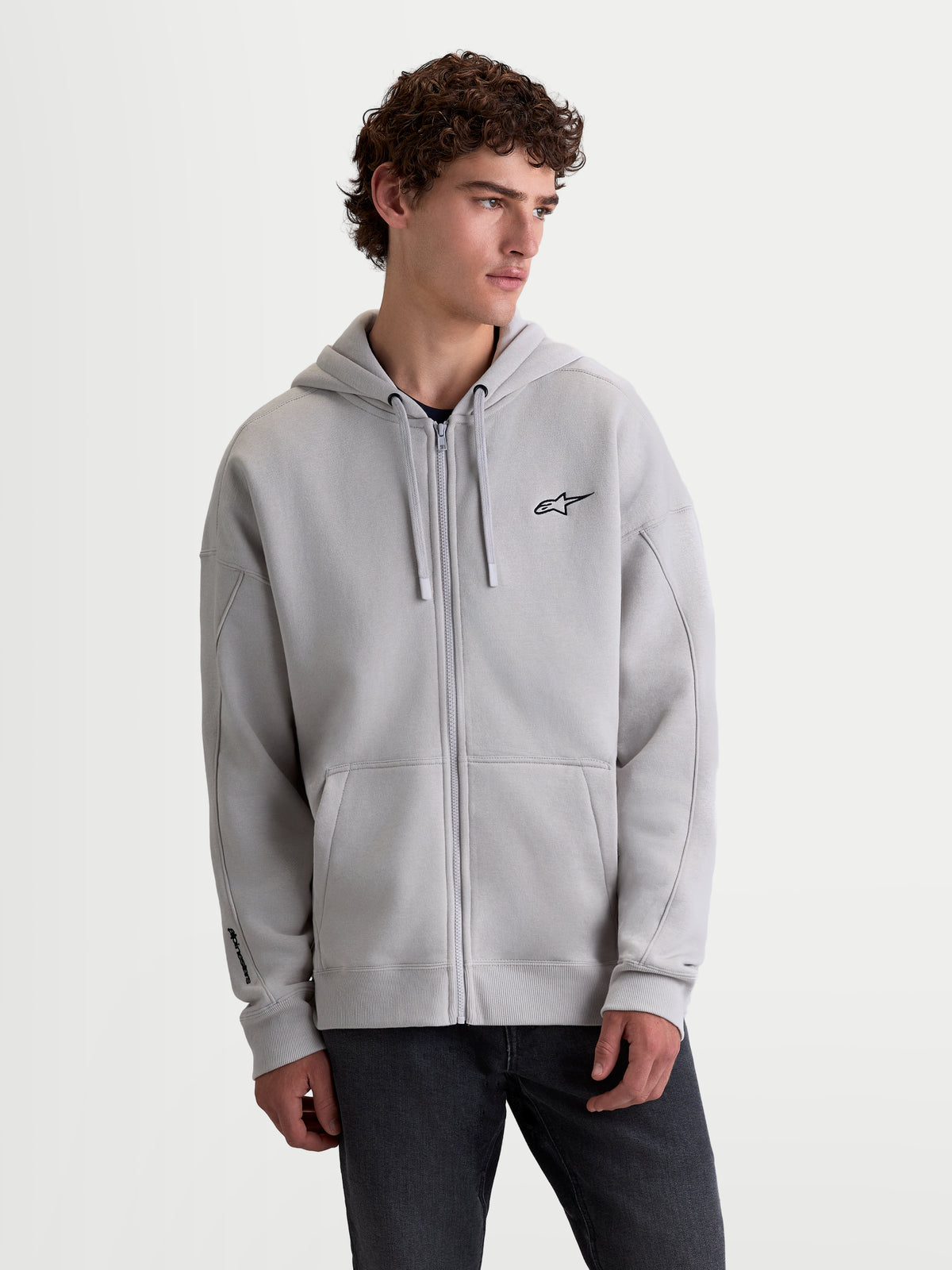 Alpinestars Entity Oversized Hoodie, Lifestyle-Sportswear Kapuzenjacke mit Reißverschluss, Unisex, Grau, mit Vislon-Frontreißverschluss, Kängurutasche und gesticktem Astars-Logo auf Brust und Ärmel, entspannte Passform aus Baumwollmischgewebe.