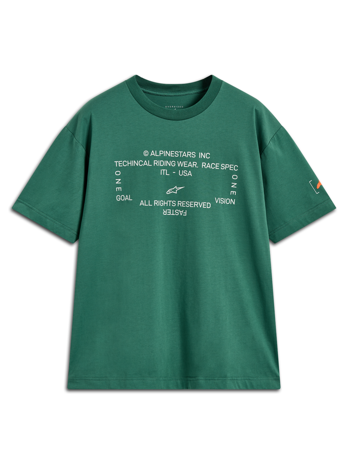 Alpinestars Infinity Oversized CSF T-Shirt, Kurzarm-Sportoberteil in Grün mit weißer Grafik und Astars-Ärmellogo.