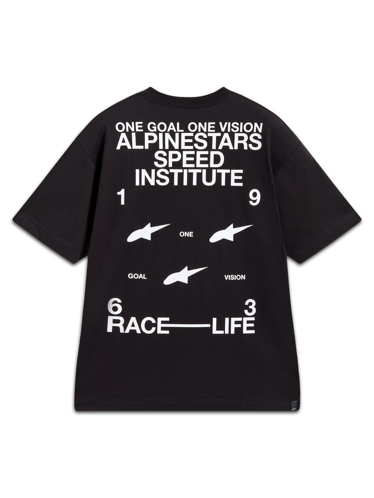 Alpinestars Institute Oversized CSF T-Shirt, Schwarz und Weiß, Rückseite mit Speed-Institute-Grafiken und Rennsport-Slogans