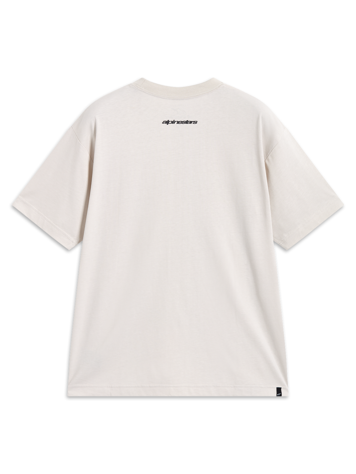 Alpinestars Mandate Oversized CSF T-Shirt, Kurzarm-Sportswear, Sandbeige, Rückansicht mit Nacken-Grafik und Logo-Etikett.