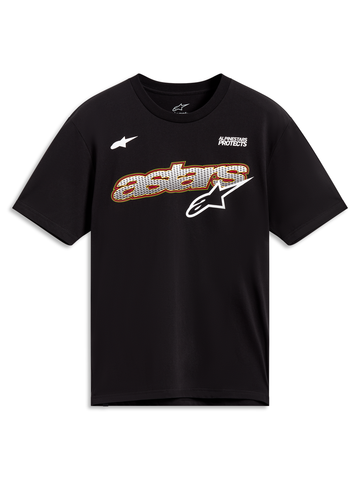 Alpinestars Cypress CSF T-Shirt, Kurzarm-Sportswear in Schwarz mit weißer Mesh-Astars-Grafik, lässiger Motorsport-Stil.