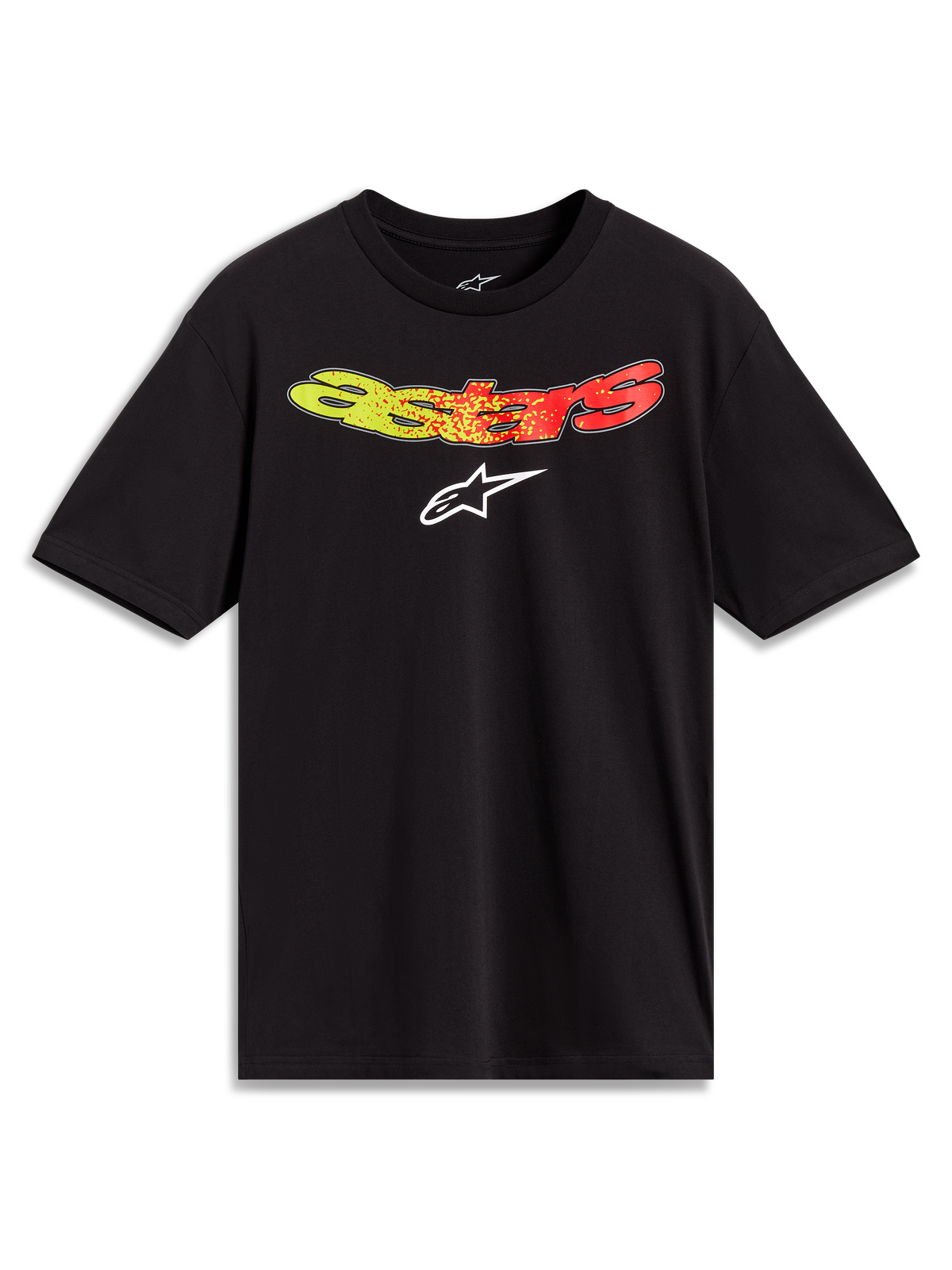 Alpinestars Elliptogrit CSF T-Shirt, Kurzarm-T-Shirt in Schwarz, mit gelb-rotem Astars-Farbverlauf auf der Brust, lässige Motorsport-Lifestyle-Bekleidung.