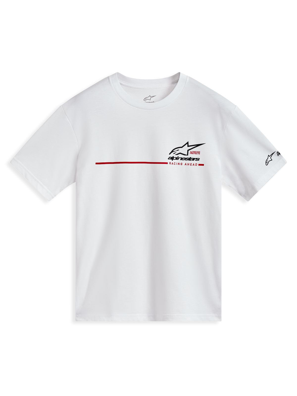Alpinestars P1 CSF Kurzarm-T-Shirt, Weiß, mit rotem Rennstreifen und schwarzen Logo-Grafiken, lässige Sportswear