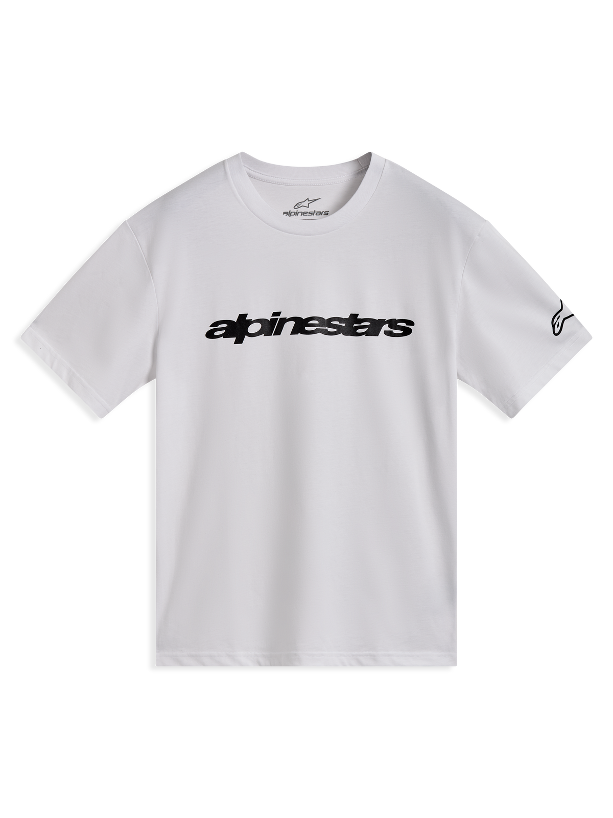 Alpinestars Race Wordmark CSF T-Shirt, weißes Kurzarm-T-Shirt mit schwarzem linearem Wort-Logo auf der Brust und Ageless-Logo am Ärmel, lässige Motorsport-Sportbekleidung
