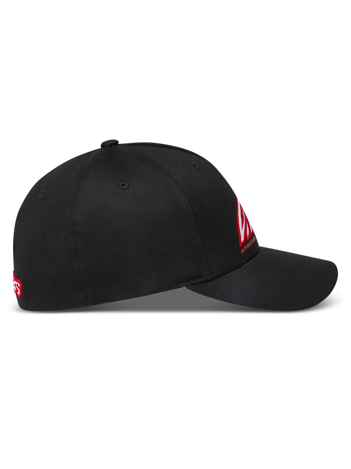 Alpinestars Lineout Kappe, schwarze Sportswear-Cap, gebogener Schirm, strukturierte Krone, rot-weiße Logo-Stickerei, Twill.
