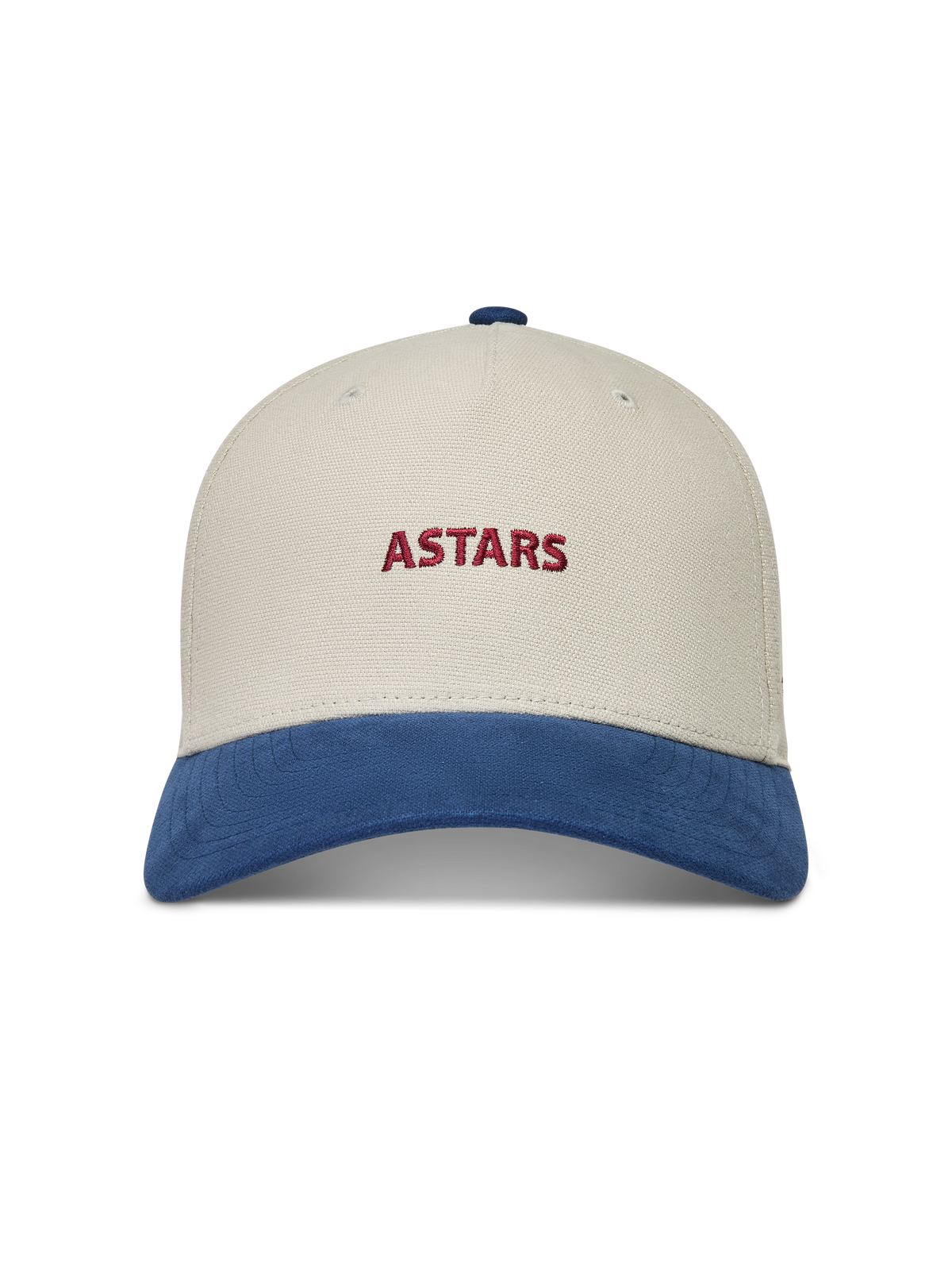 Alpinestars County Canvas Kappe, Sportswear-Kappe in Sand und Blau mit roter Astars-Logo-Stickerei und gebogenem Schirm.
