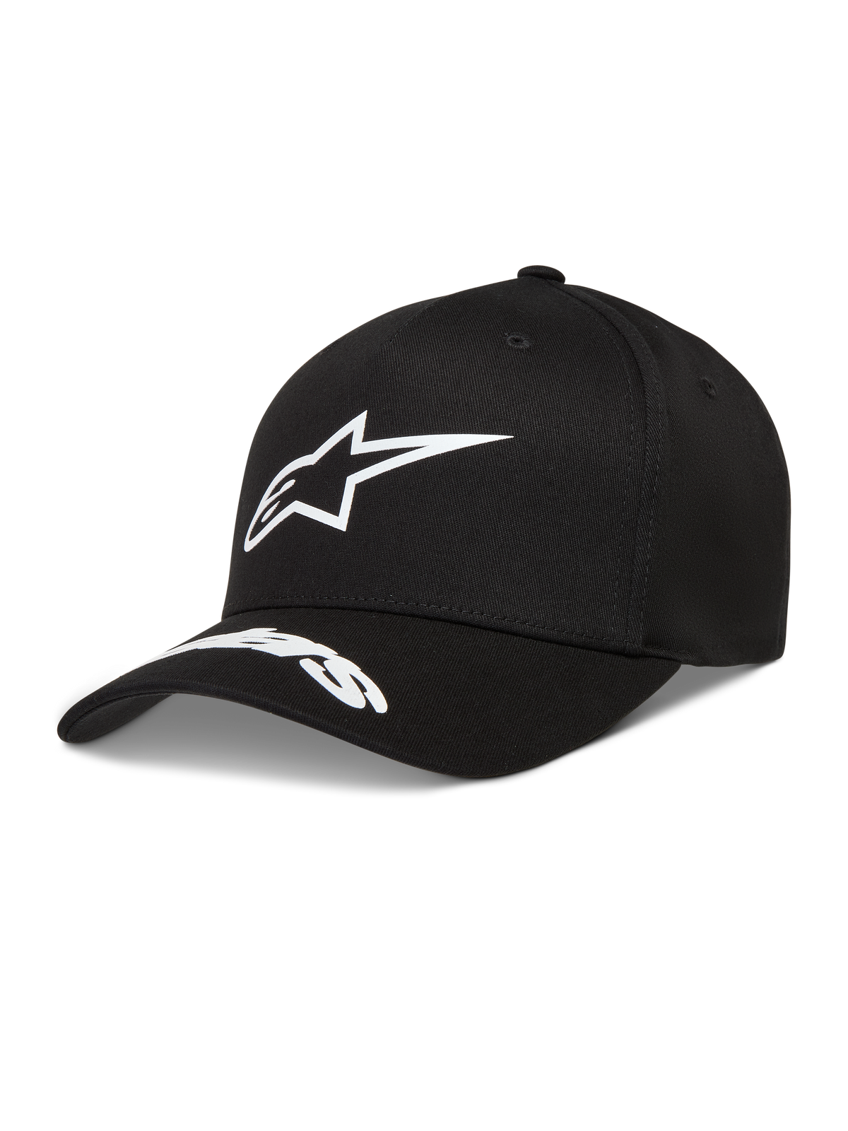 Alpinestars Arclight Kappe, Sportswear, Schwarz und Weiß, Twill, Puff-Druck Astars-Logo und Wortlogo auf dem gebogenen Schirm.