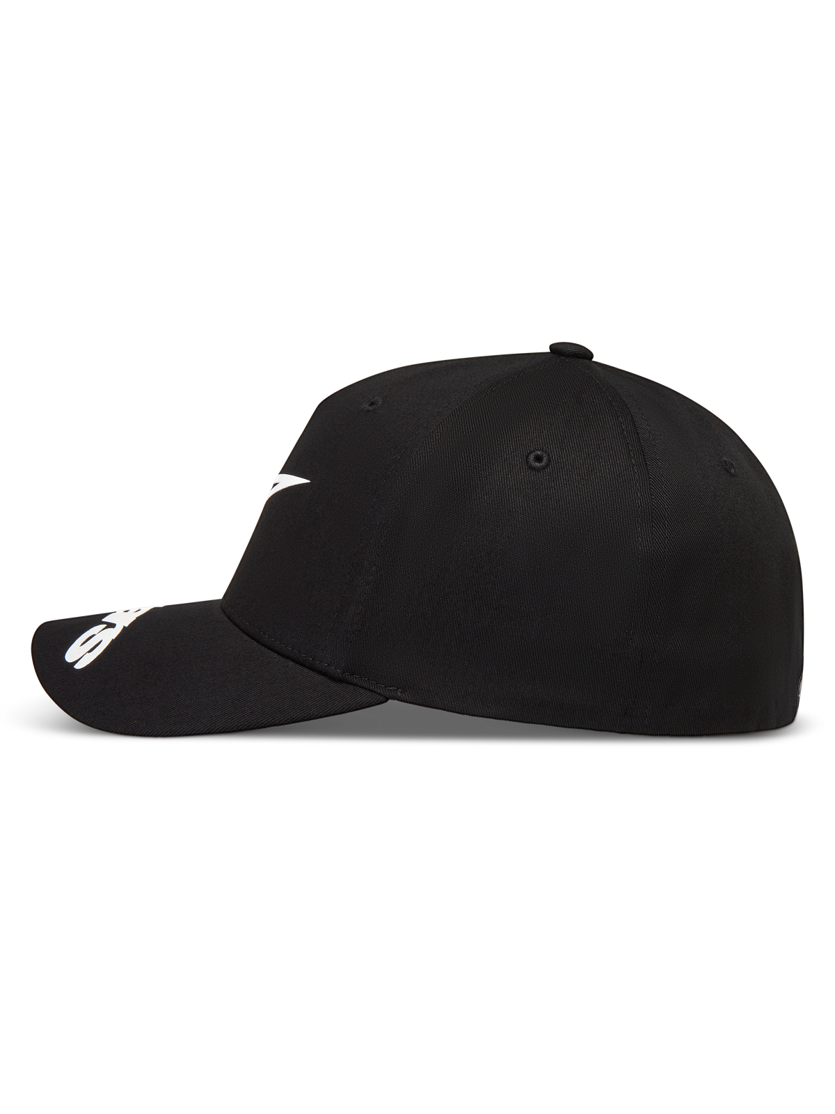 Alpinestars Arclight Kappe, schwarze Sportswear-Kappe, Seitenansicht mit weißem Logo, gebogenem Schirm und strukturierter Krone.