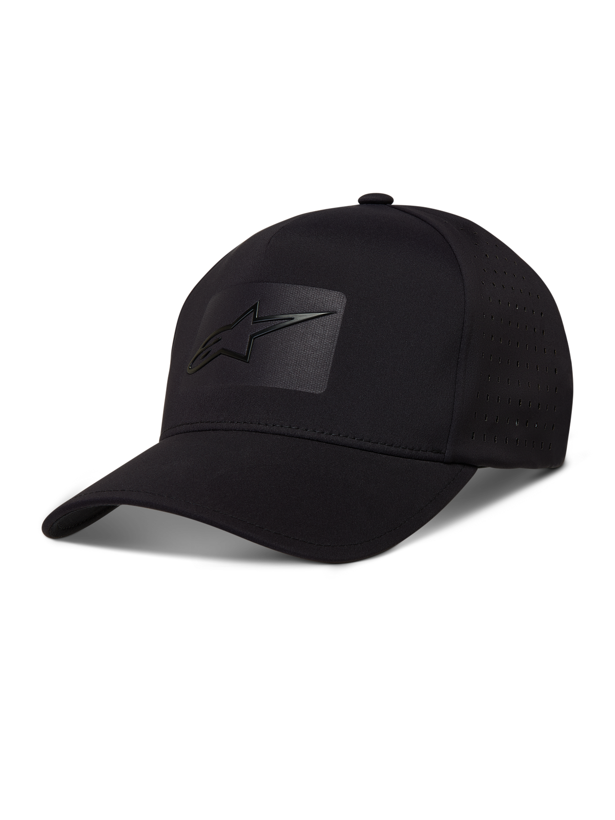 Alpinestars Algo Perf Adjustable Kappe, Schwarz, technisches Gewebe mit seitlicher Perforation und Sonic-Weld-Logo.